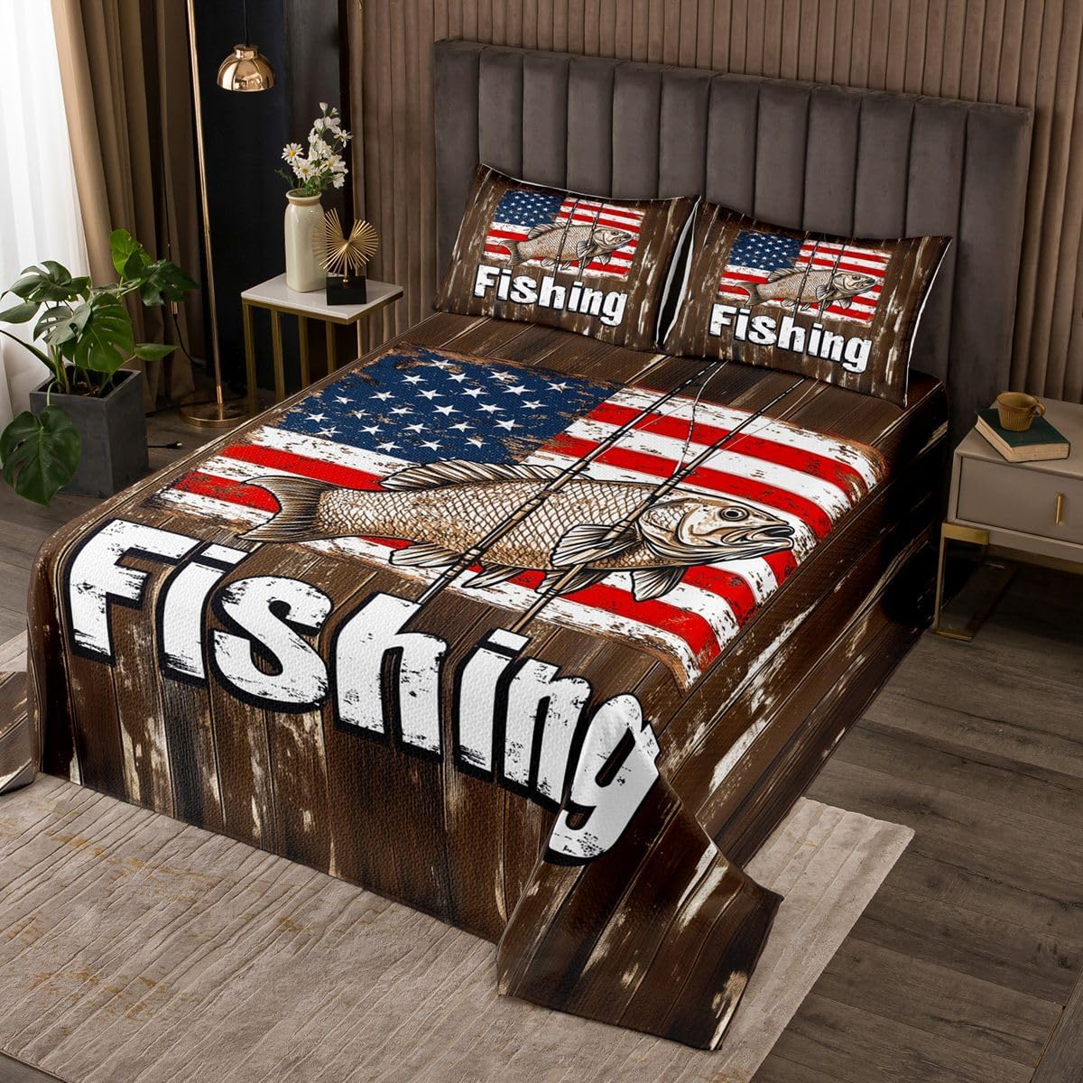 jejeloiu Hunting Fishing Bedspread Quilts Fisherman Camouflage Coverlet Set Queen Size for Kids Boys Girls American Flag Pike Fish Quilted Coverlet for All Season with 2 Pillowcases Microfiber