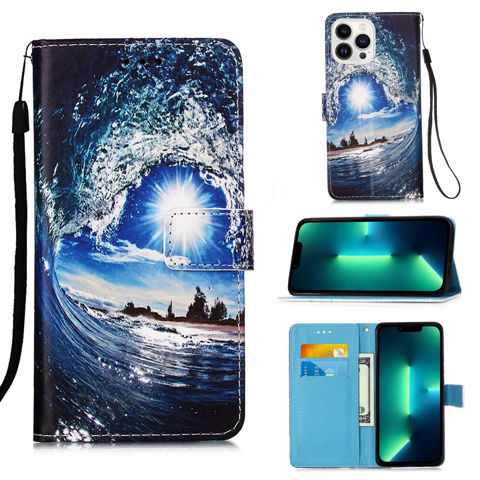Case for iPhone 13 Pro Max Shockproof Soft PU Leather Wallet Phone Cover Leather Flip Phone Case Wallet Cover with Card Slot Holder Magnetic Stand For iPhone 13 Pro Max-Wave and Sun