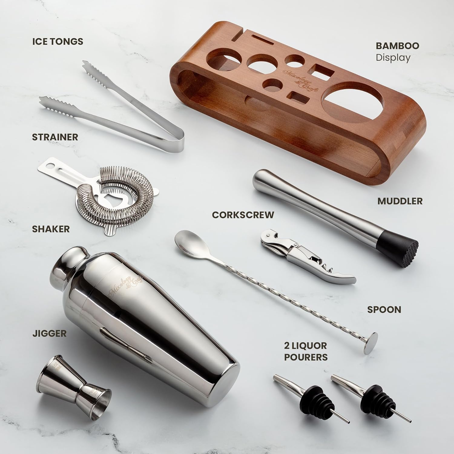 Mixology & Craft Cocktail Shaker Set with Bamboo Stand - Professional 18oz 10-Piece Bartender Kit, Complete Bar Set for Home Use with Jigger, Muddler, Strainer, Spoon, Pourers & Corkscrew (Silver)