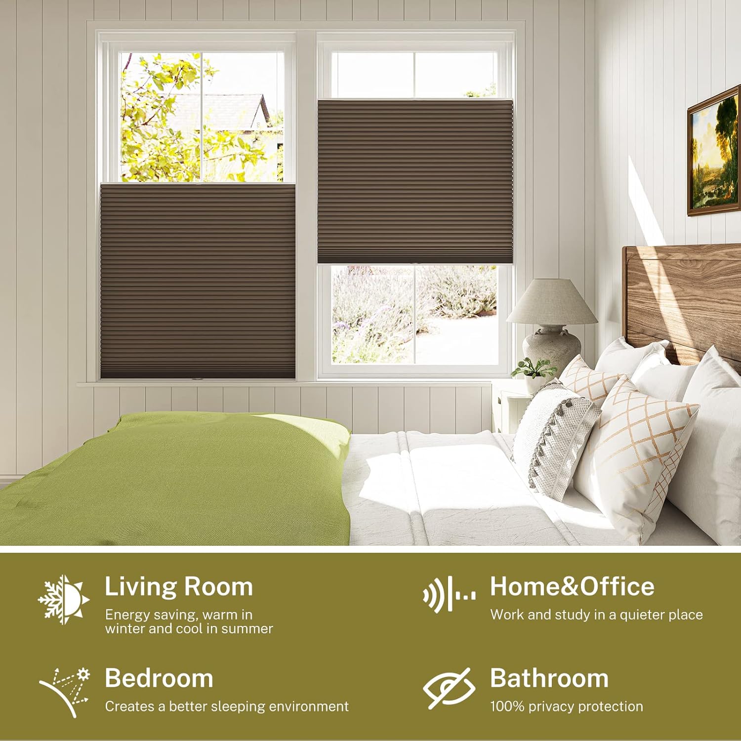 Top Down Bottom Up Blackout Cellular Shades, Cordless Blinds for Windows Honeycomb Room Darkening Shades Windows, Easy to Install Brown - Blackout