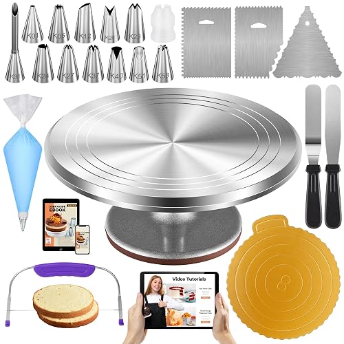 Kootek 71 Aluminum Cake Decorating Kit, Baking Supplies for Beginner & Pros | Smooth Rotating, Heavy-duty, Cake Stand Turntable for Decorating Display Baking, 12 Icing Tips, 50 Disposable Piping Bags