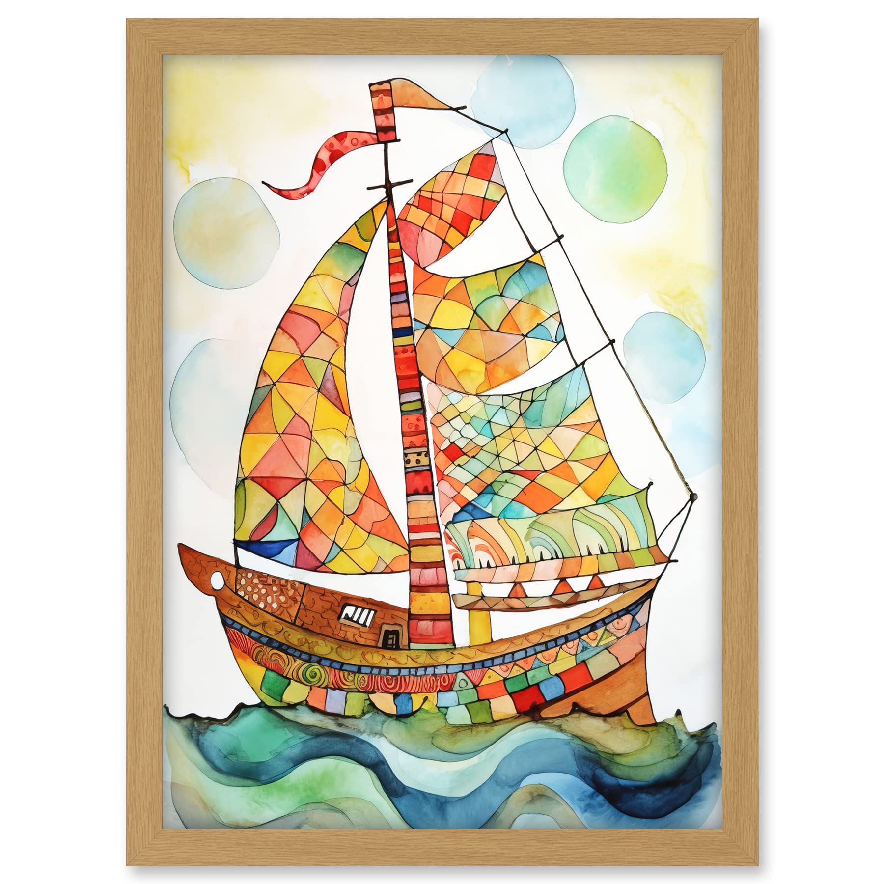 Artery8 Sailing Ship At Sunrise Folk Art Artwork Framed A3 Wall Art Print