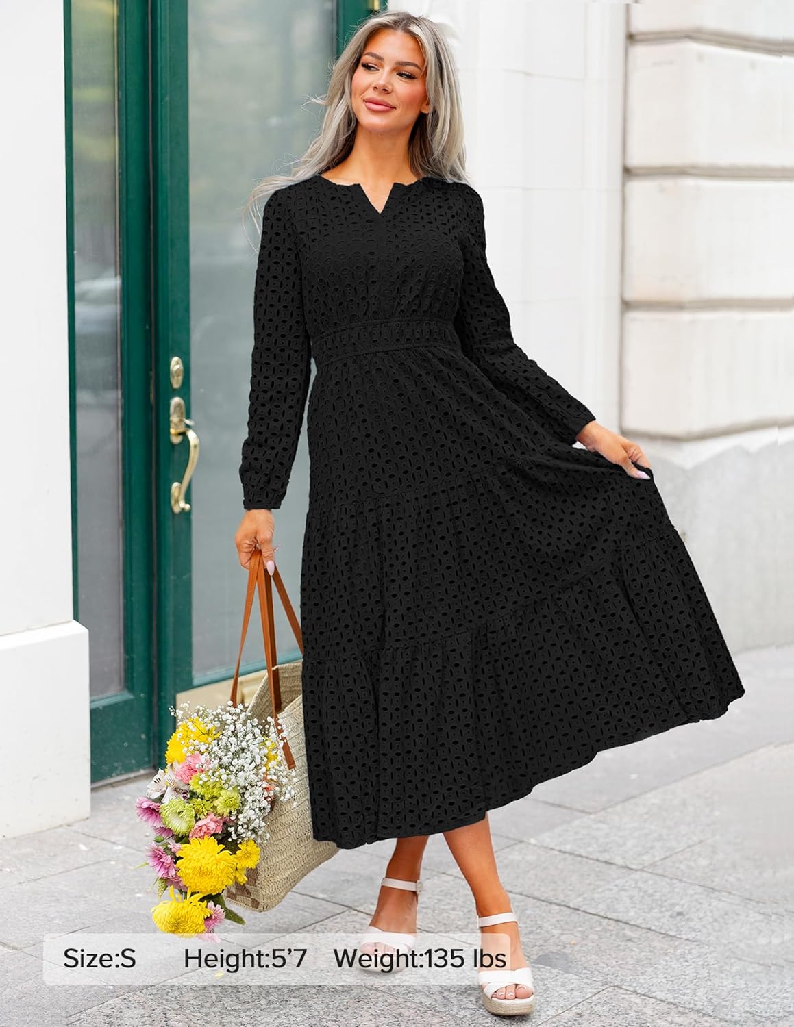 ZESICA Women's 2026 Spring Long Sleeve Maxi Dress V Neck Hollow Out Eyelet A Line Long Flowy Casual Party Dresses - Image 7