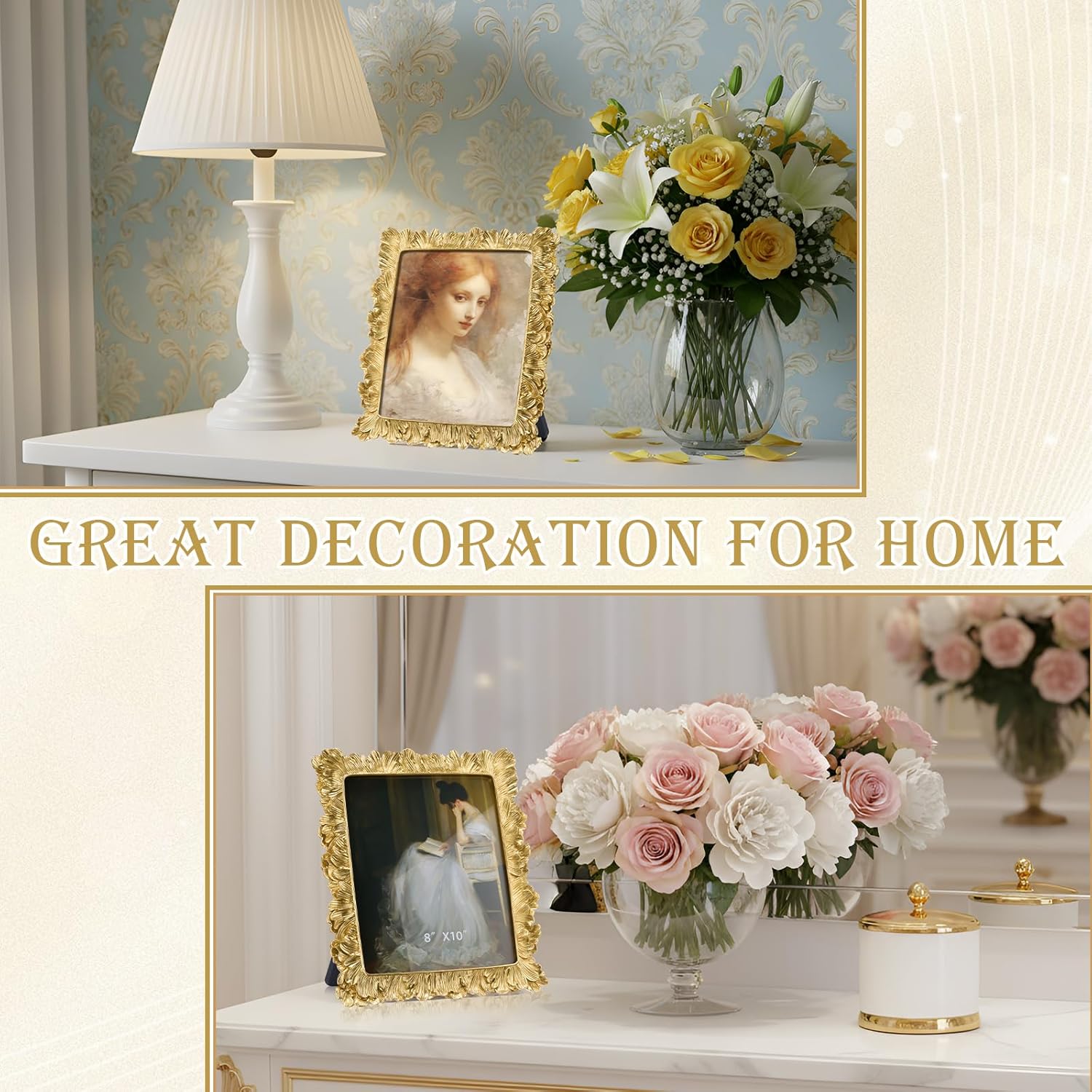 Novabright 4 Pcs 8 x 10 Inches Gold Frames Vintage Antique Ornate Resin Rectangle Gold Picture Photo Frame with Glass Front Backboard for Table Top Display Wall Hanging Home Wedding Hotel Art