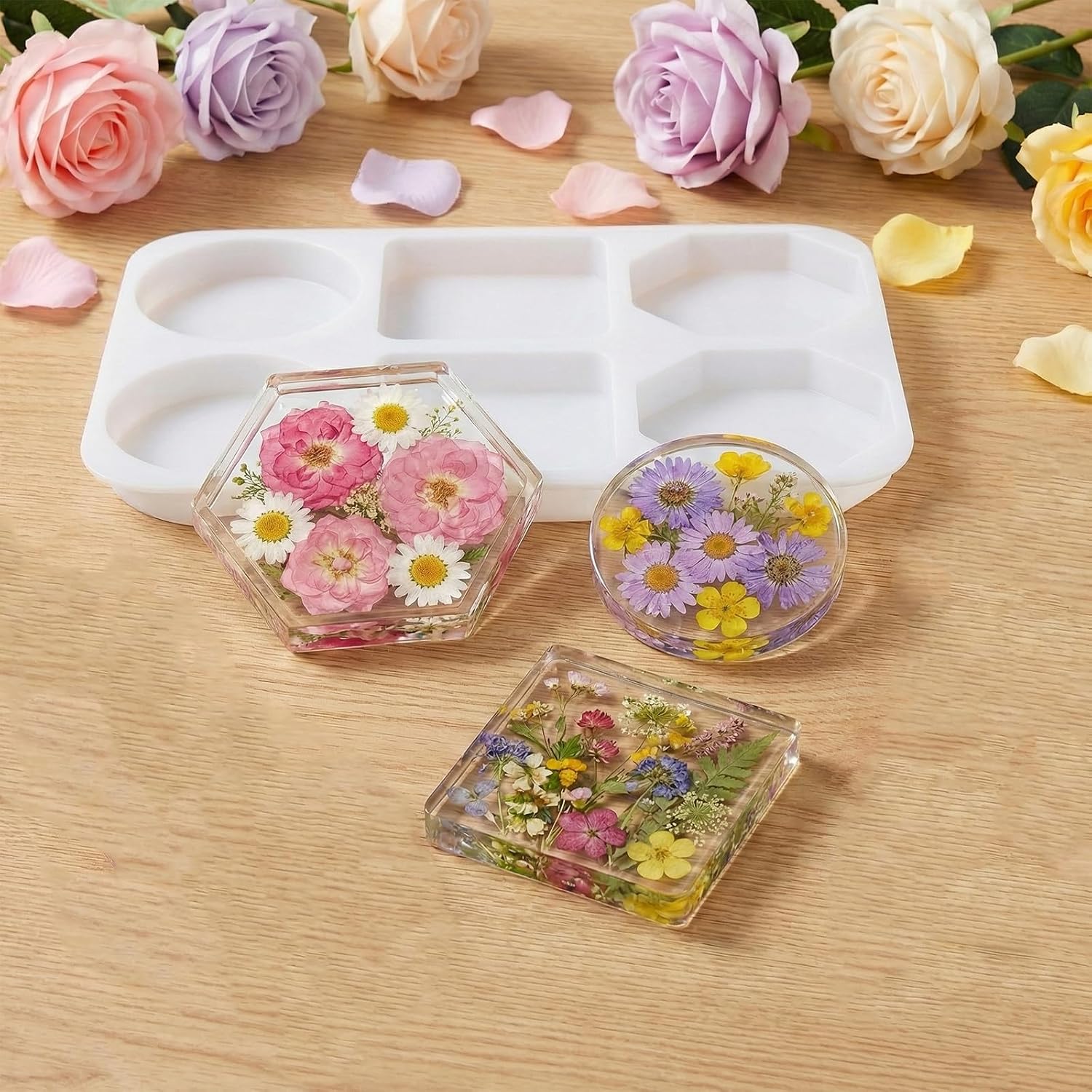 Deep Resin Coaster Silicone Molds, 6 Cavity Round Resin Molds Coaster Mold for Epoxy Resins 4 Inches Square Octagon Coasters Resins Mold for Flower Bouquet Preservation DIY Crafts