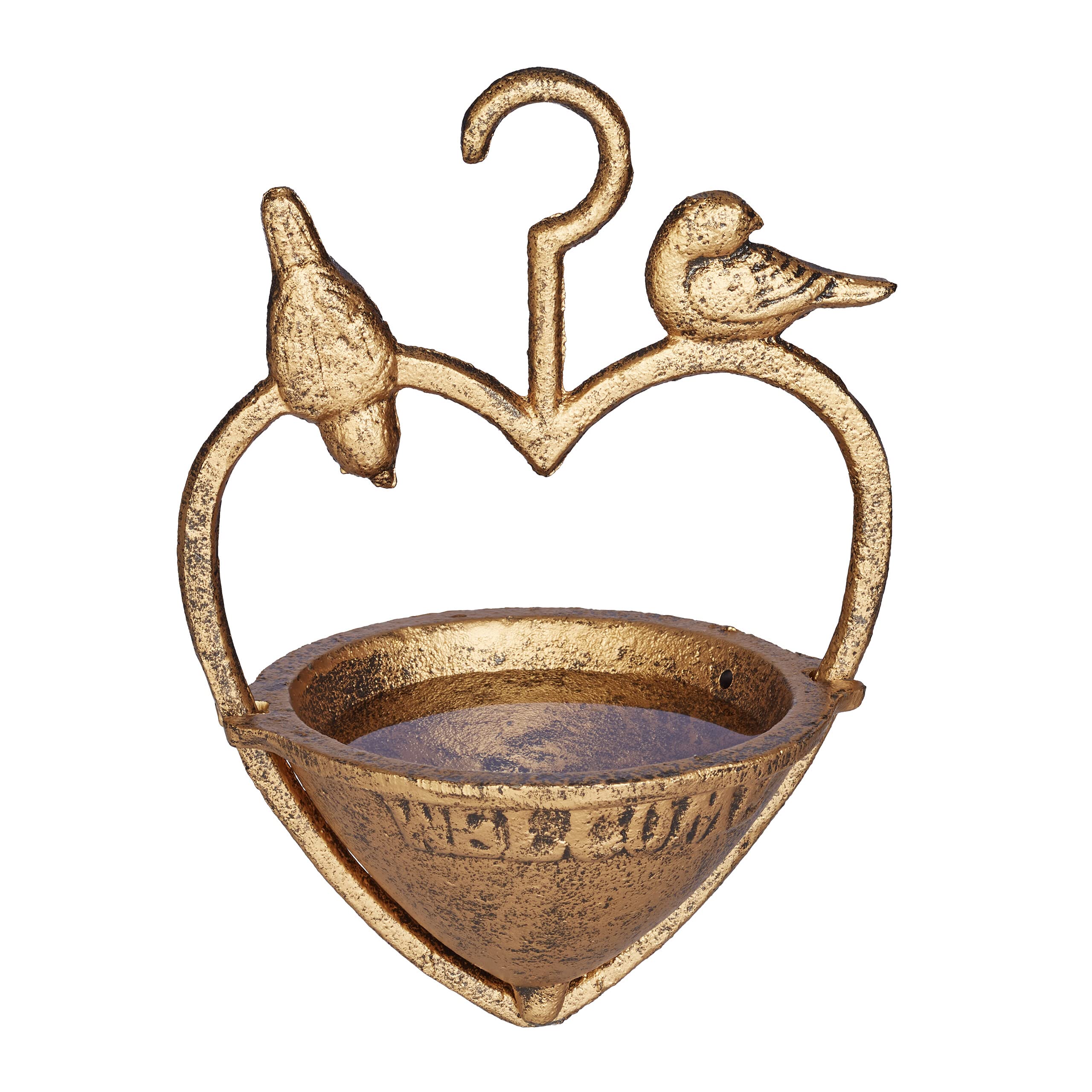 Relaxdays Bebedero Colgante Pájaros, Comedero Antiguo Aves Silvestres, Welcome, 21x15,5x12,5 cm, Hierro Fundido, Dorado, 21 x 15,5 x 12,5 cm Aprox