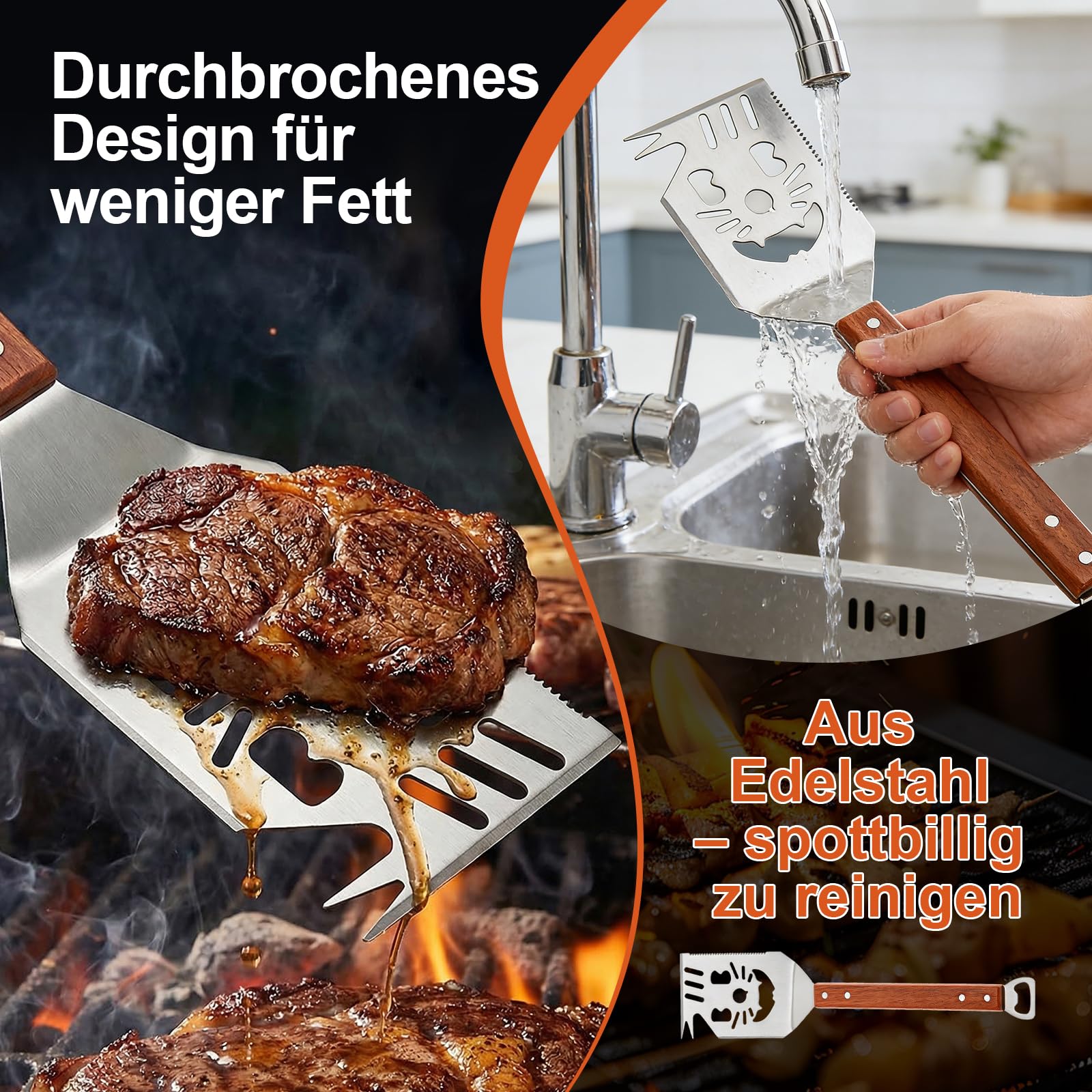 Grillbesteck Set 3-TLG, 8 in 1 BBQ Grillspachtel mit Holzgriff, EdelstahI, 42 * 9.5cm Einzigartige Grillwerkzeuge, Multifunktionales Grill Zubehör, Professional Grill Geschenke für männer