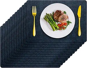 Placemats Set of 12 Washable, Heat Resistant Table Placemats Wipeable Faux Leather Place Mats Non Slip, Waterproof Square Table Mats for Indoor Outdoor, Dark Blue