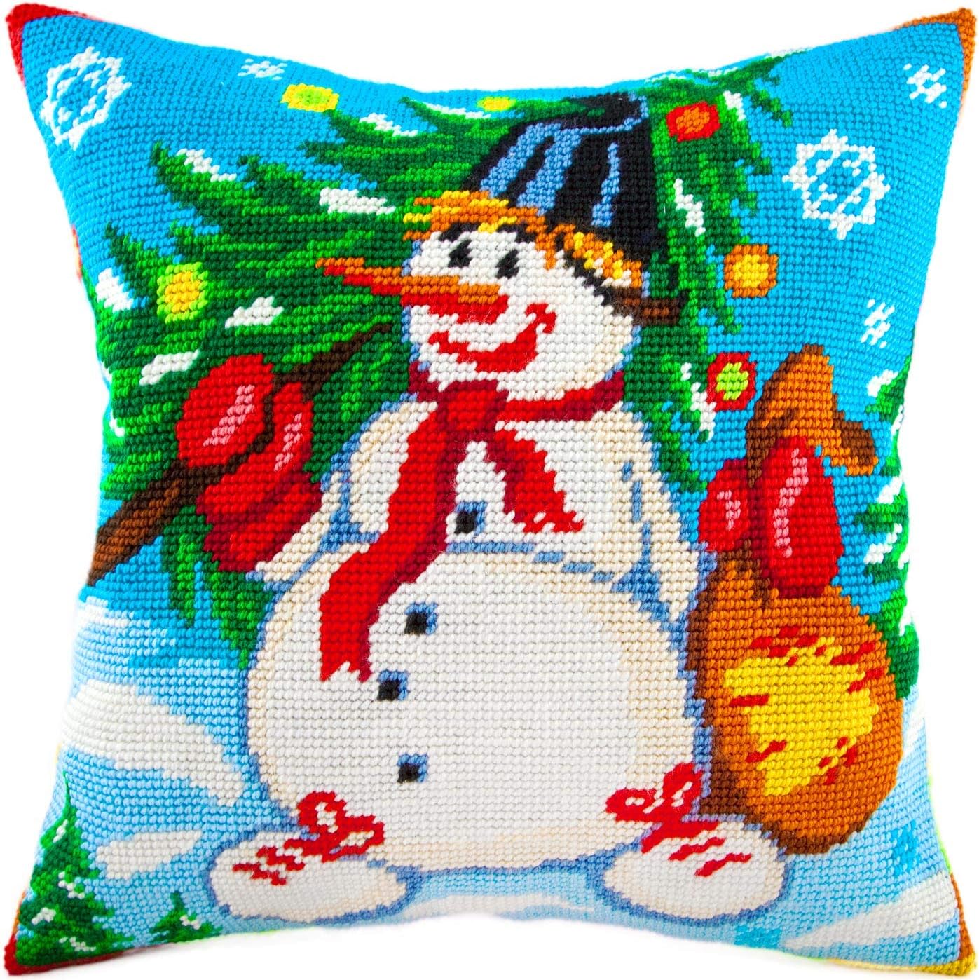 Brvsk Winter Needlepoint Kit for Adults and Beginners — Snowman 16″ × 16″ with Clear, Precise Printed Design on Cotton Canvas; Includes 2 Needles, Yarn, and Easy-Read Chart