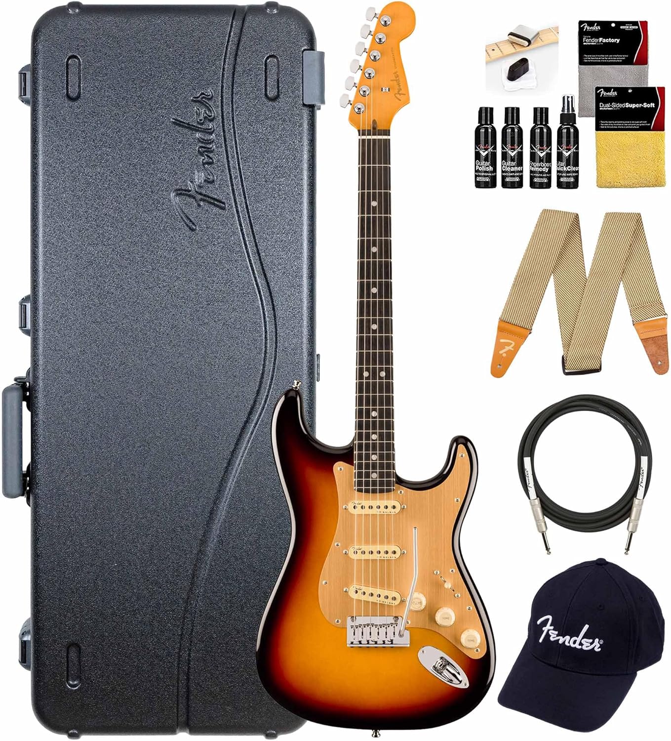 Fender American Ultra II Stratocaster - Ultraburst Bundle with Case, Strap, Cable, Hat, and Guitar Cleaning Kit
