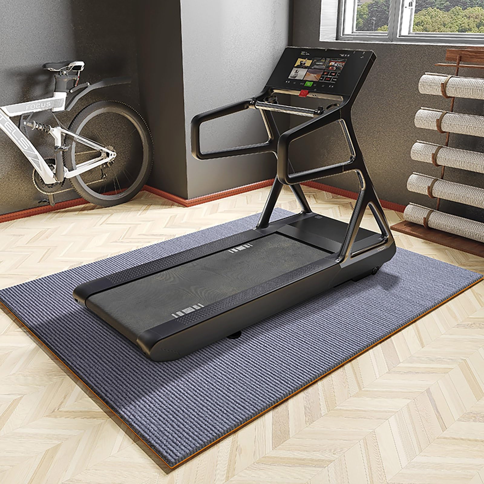 Tappetino per tapis roulant, tappetino per esercizi con base in gomma antiscivolo, materiale poliestere, insonorizzazione, assorbimento degli urti, resistenza all'abrasione, protezione per il
