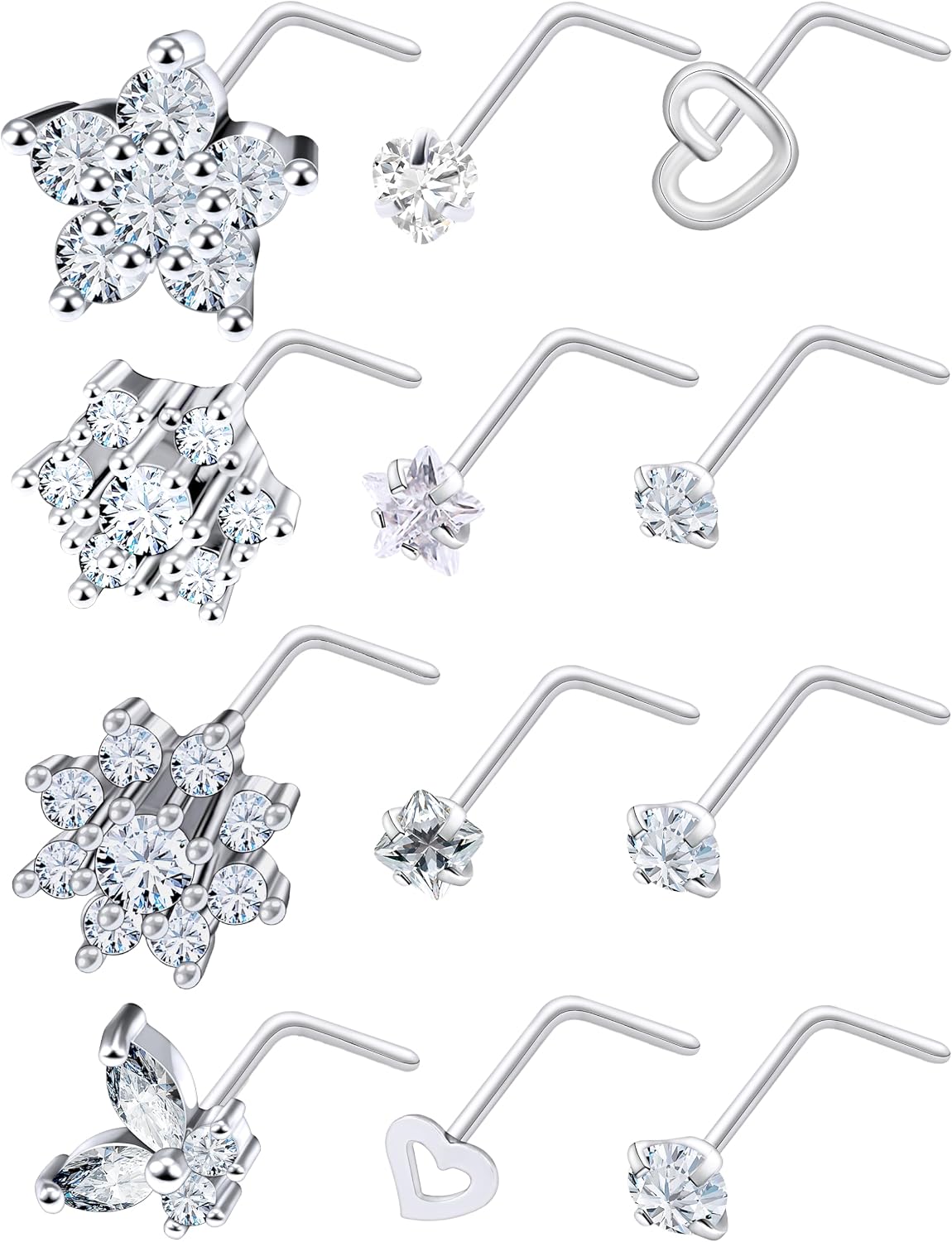 Vsnnsns 20G 18G Nose Rings Studs Piercing Jewelry for Women 316L Surgical Stainless Steel L Shaped Corkscrew Straight Butterfly Heart Diamond CZ Nose Rings Studs Nostril Piercing Jewelry Silver Gold