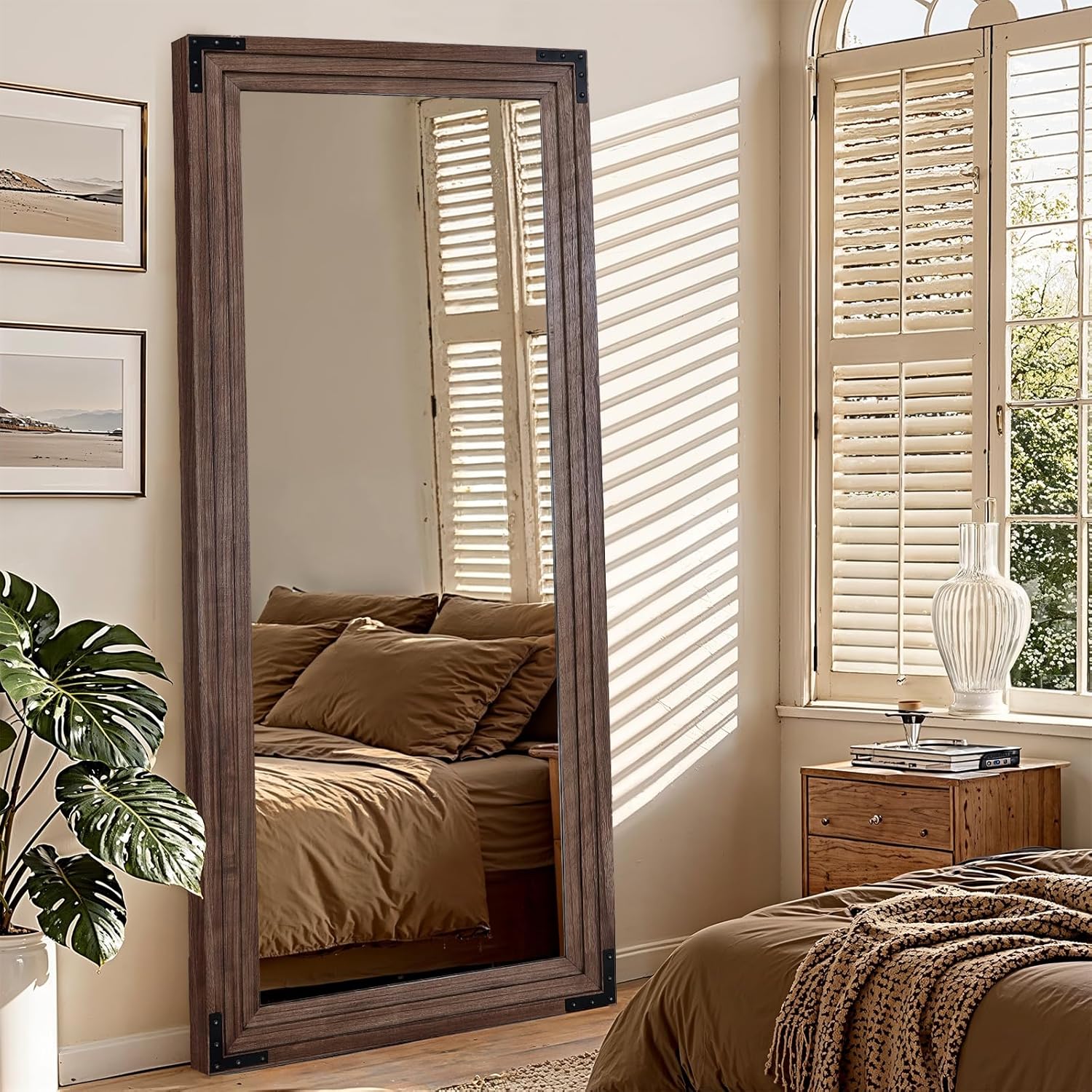 Full Length Mirror 71"x30" Solid Wood Frame Floor Standing Mirror, Hanging or Leaning Wall-Mounted for Living Room, Bedroom, Brown
