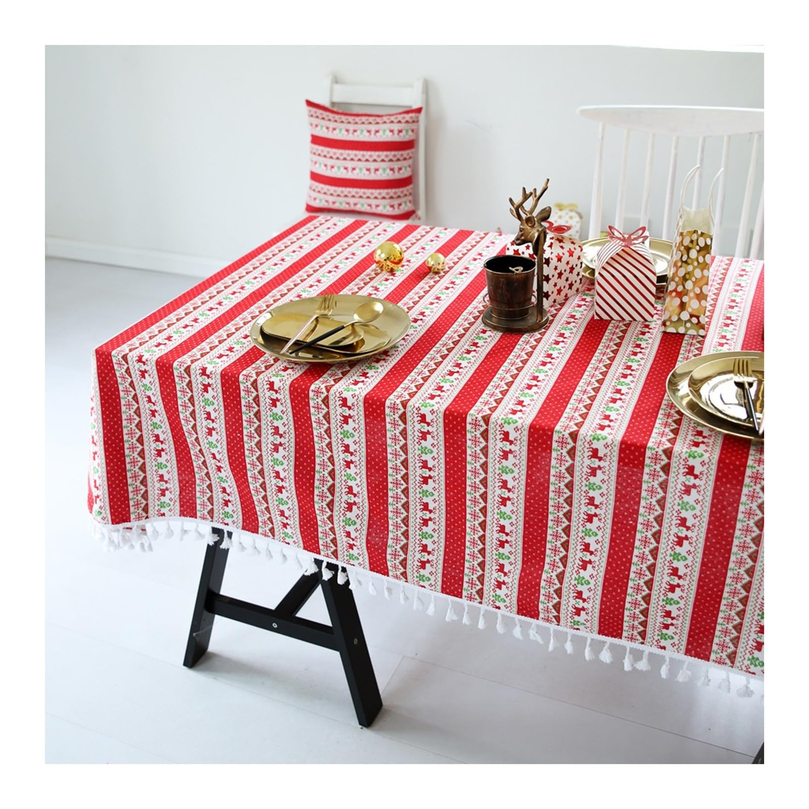 Nappe de table Noël en lin rouge 140x200 cm avec rennes