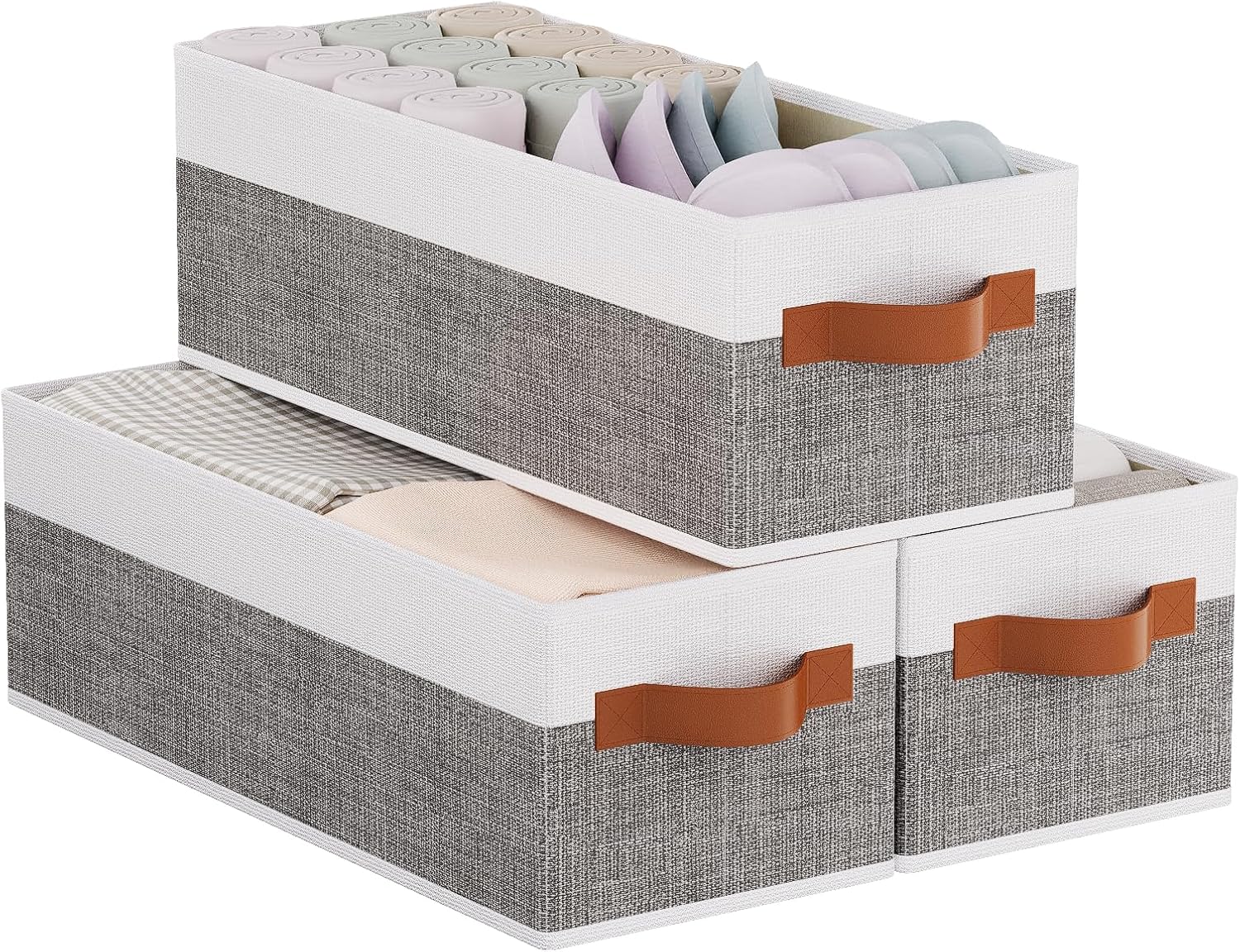 Collapsible Storage Bins 3-Pack, Foldable Baskets for Organizing, Clothes Boxes with Handles, Fabric Cubes Containers, White and Gray, 15 x 6 x 5 Inch