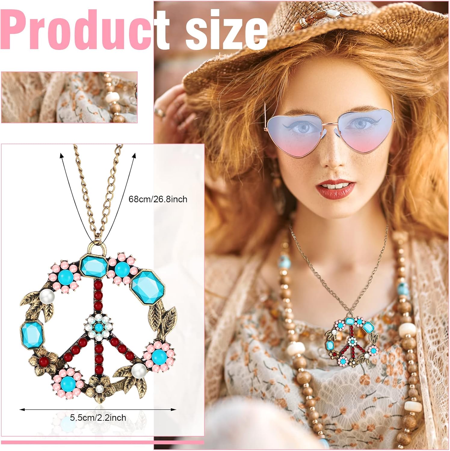 4 Pcs Hippie Costume Accessories Set 70s Peace Sign 60s Outfits for Women Necklace Daisy Earrings Flower Headband Sunglasses - Image 3