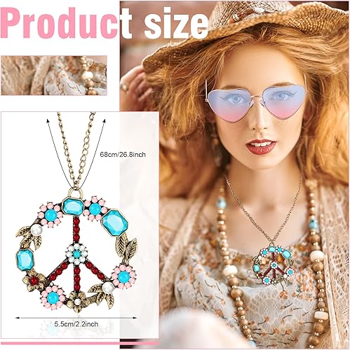 Miniatura 3 de Juego de 4 accesorios de disfraz hippie de los años 70 con signo de paz de los años 60 para mujer, collar, aretes de margarita, diadema de flores