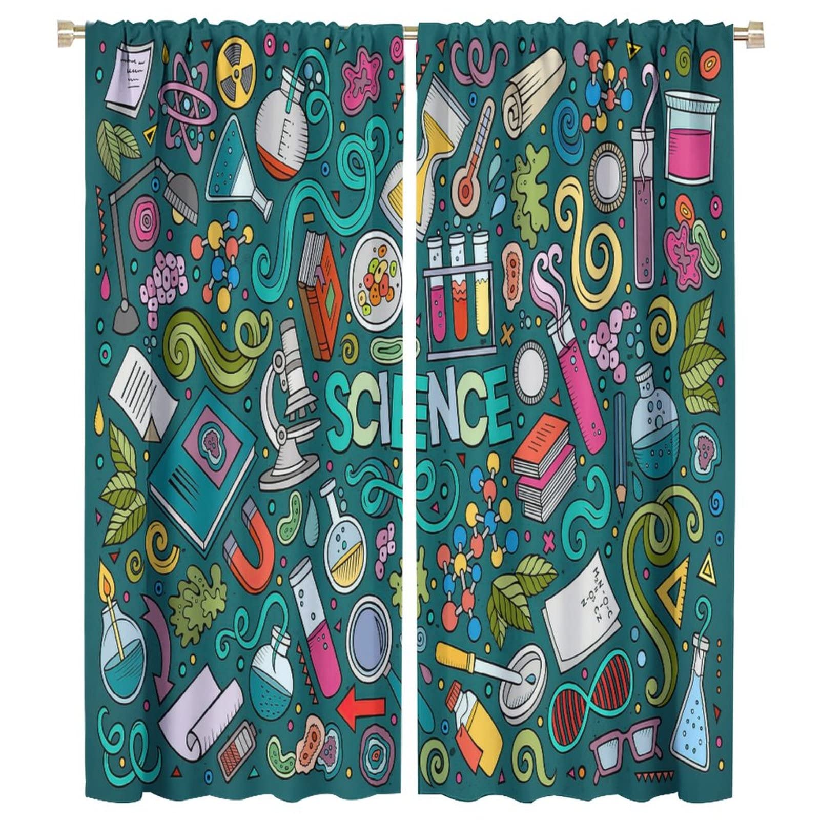 Science Kids Blackout Windows Curtains, Science Lab Book Equations Magnifying Glasses Molecular Flasks Printed Curtains, For Children Boys Girls