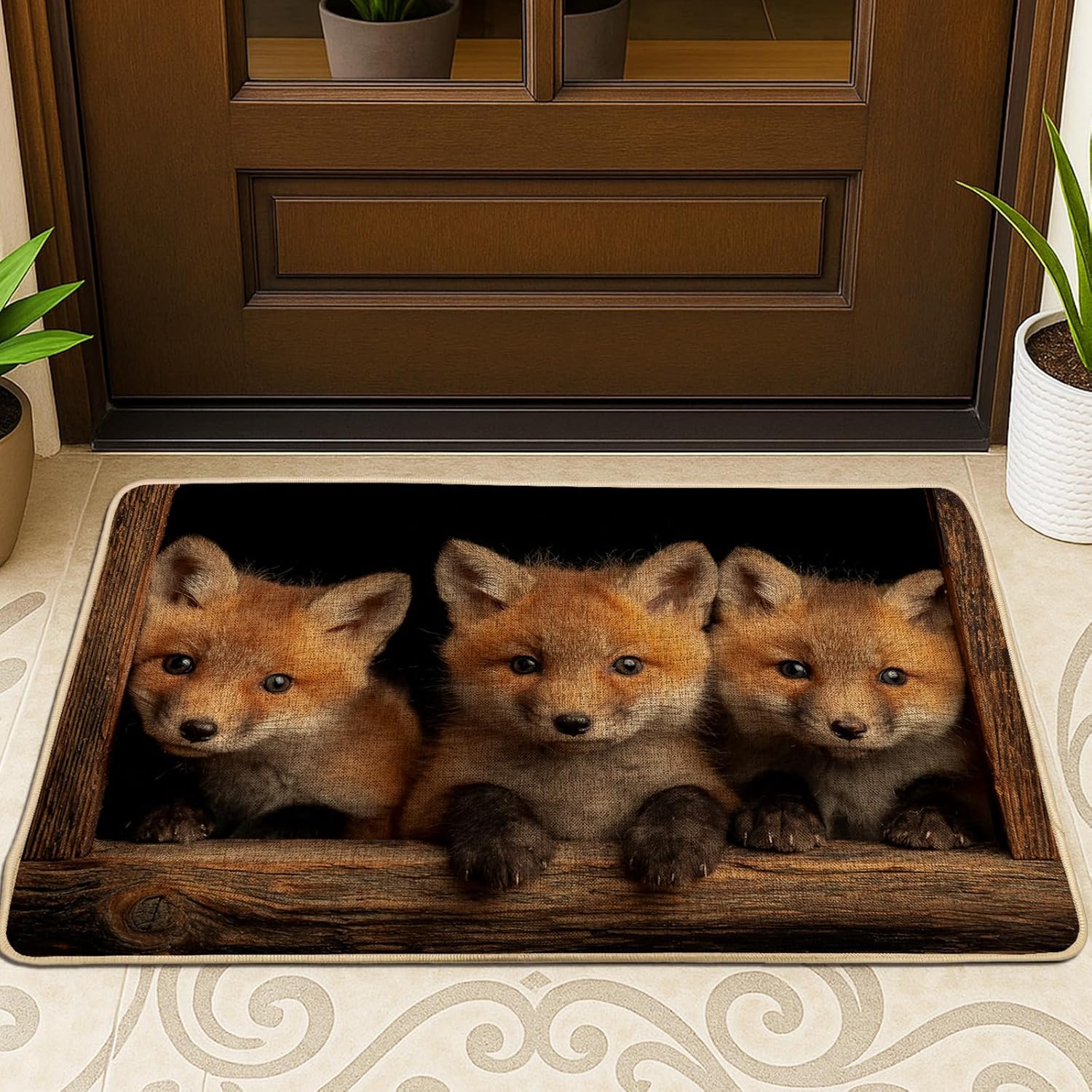 Fox Door Mat, Cute Animal Village Style Doormat for Outdoor & Indoor Entrance Seasonal Decor, Non-Slip Waterproof Dust Absorbent Welcome Mat, Easy Clean 29x17 Inch