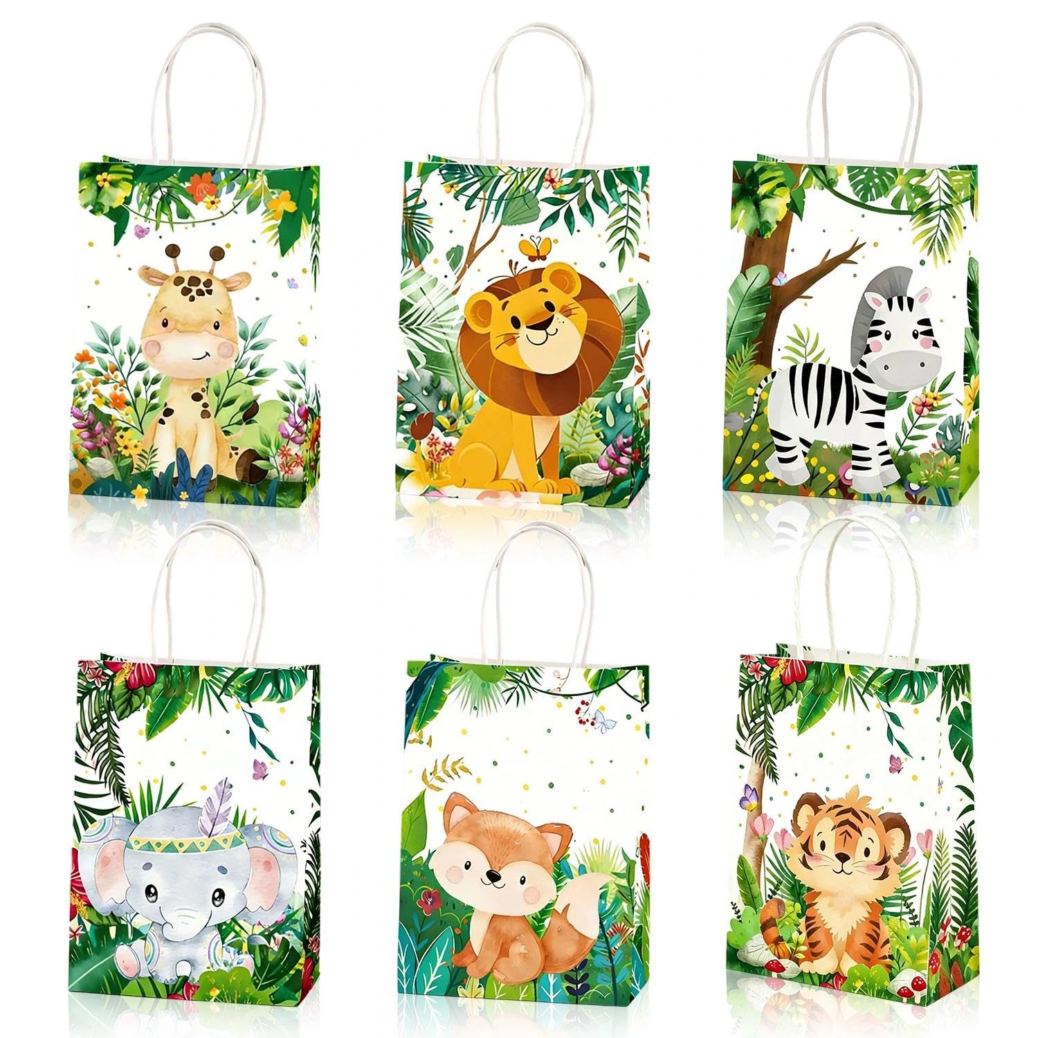 12Pcs Jungle Animal Party Bags, Safari Animals Gift Bags for Kids, Jungle Candy Goodie Treat Bags with Handles for Baby Shower Birthday Party Supplies