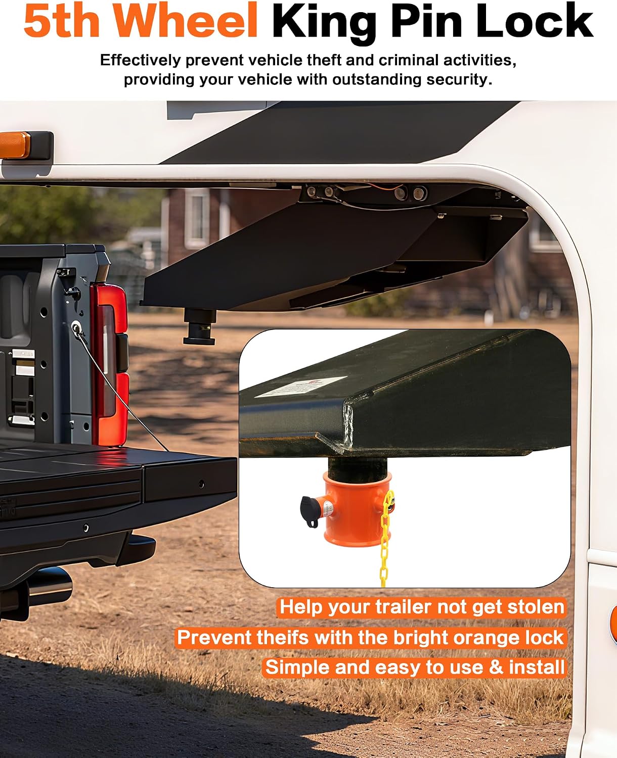 IZTOSS 5th Wheel Lock Heavy Duty Solid Steel King Pin Lock with Anti-Theft Warning Tag Waterproof for RVs Container Trailers and Campers