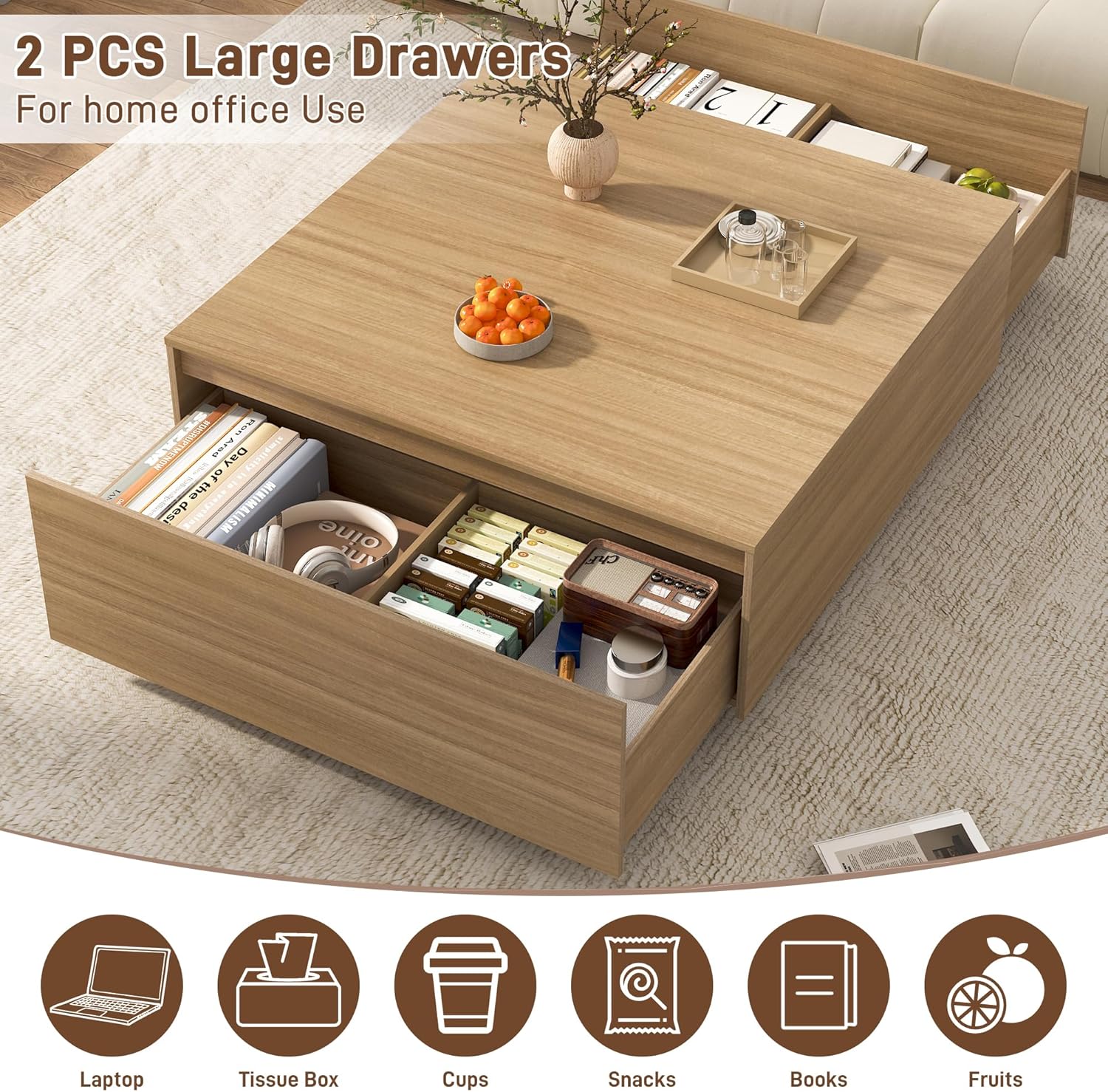 47 Inch Large Square Coffee Table with Storage,Modern Wooden Coffee Tables with 2 Drawers Storage for Living Room,Mid Century Tea Table/Aesthetic Coffee Table Center Table for Home Office(Oak)