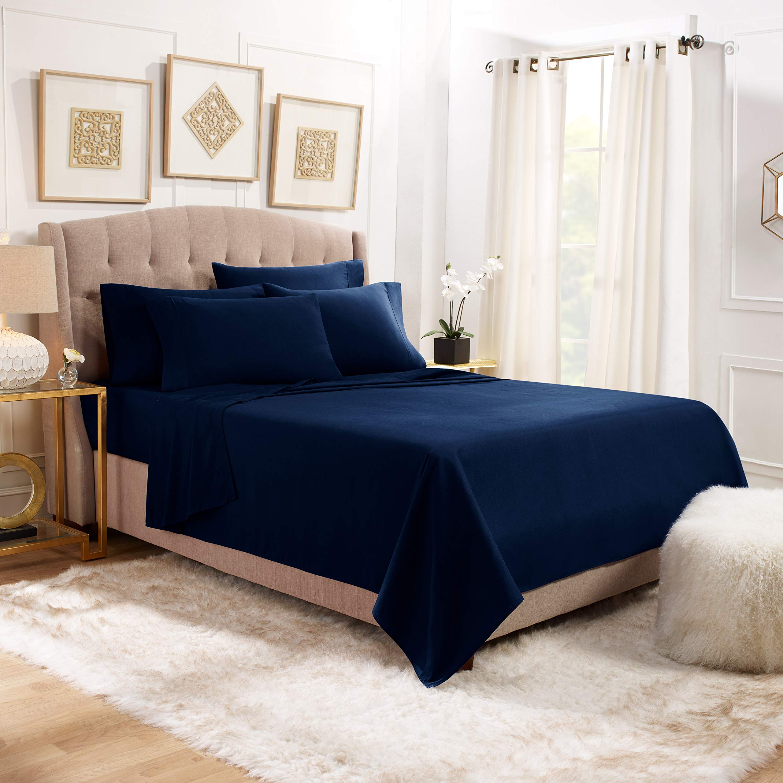 Empyrean King Size Sheets Set - 110 GSM 6 Piece King Sheets, Bed Sheets for King Size Bed, Double Brushed King Bed Sheets & Pillowcases - Navy Blue