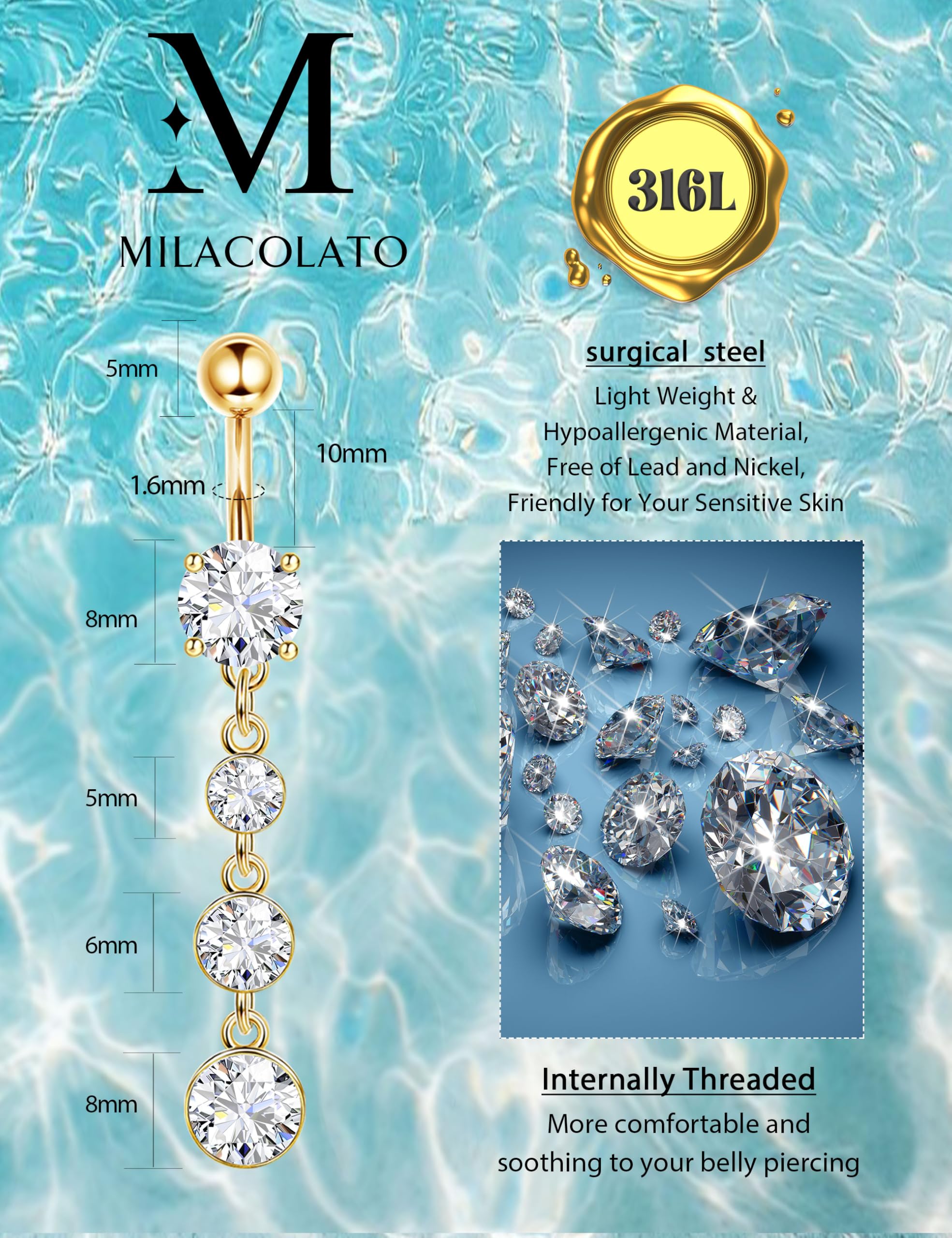 MILACOLATO 8Pcs Perforador de Ombligo de Acero Quirúrgico, Clicker Flor Corazón Mariposa Colgante Ombligo Anillos de Ombligo Set para Mujeres Niñas