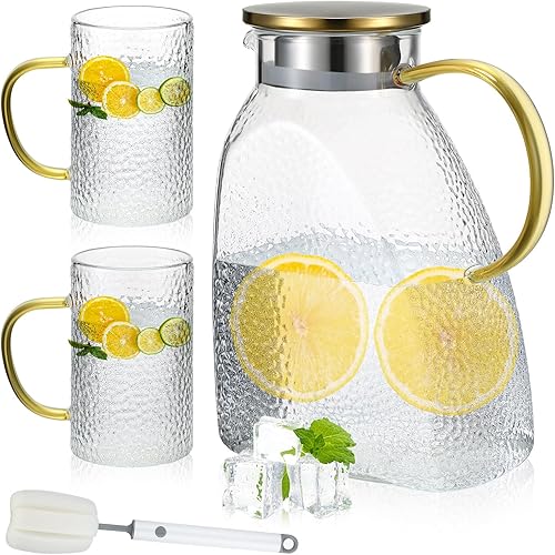 Jarra de agua de vidrio para puerta de refrigerador de 1.8 L60 onzas con 2 vasos de vidrio y juego de cepillos, jarra de agua de vidrio con tapa y