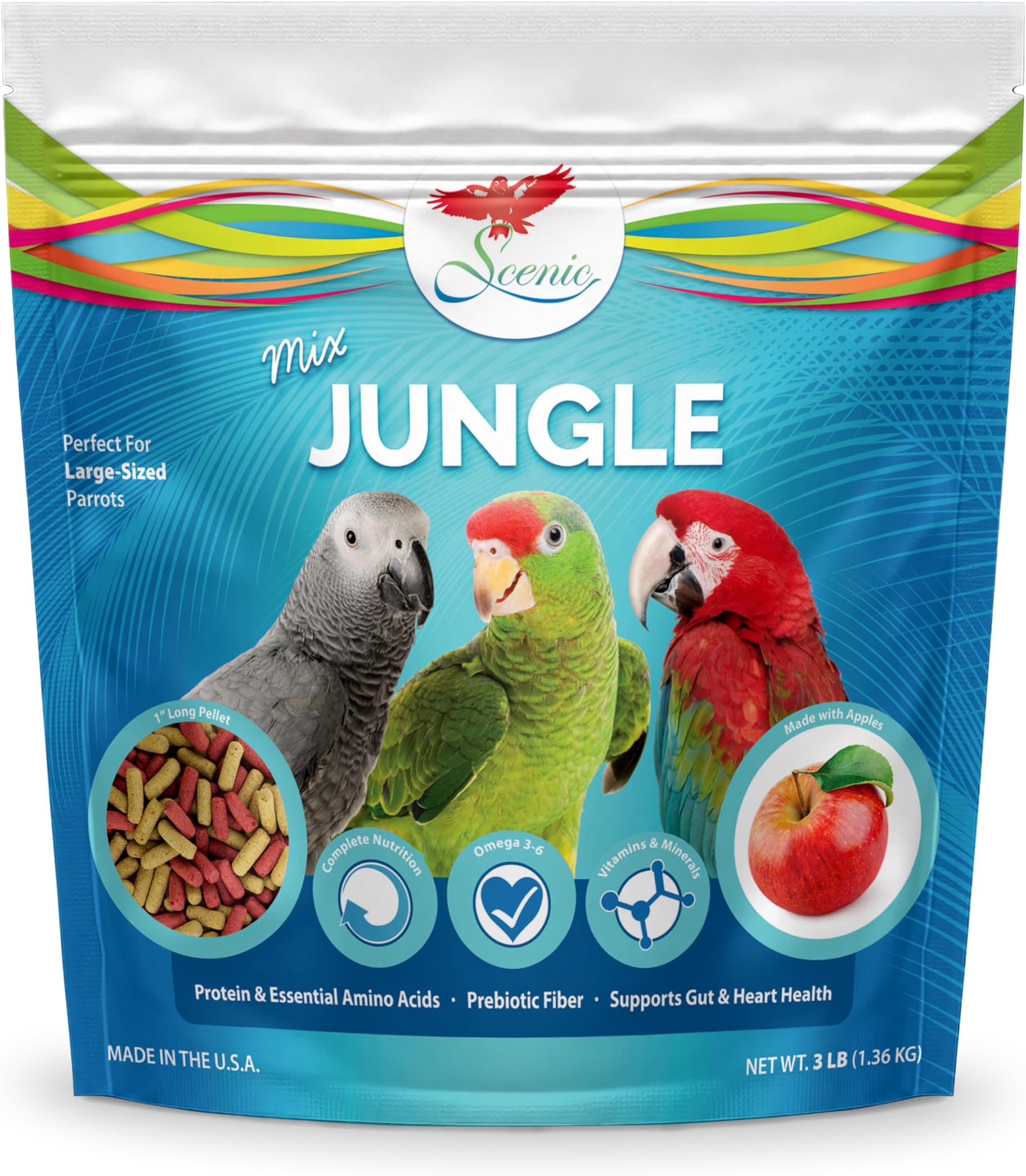 Scenic Mix Jungle Large Parrot Food, 3 lb Bag โ 1-Inch Parrot Pellets for Macaws, Cockatoos, Amazons, African Greys & Eclectus โ Complete & Balanced Nutrition
