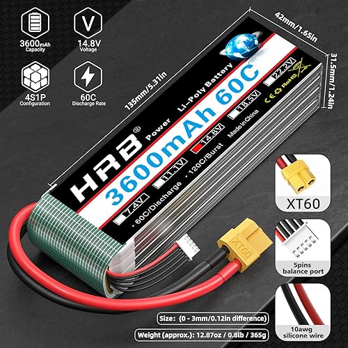 Miniatura 2 de HRB 4S Lipo Batería 3600mAh 14.8V 60C con XT60 Plug RC Lipo Batería para RC Coche Barco Camión Heli Avión