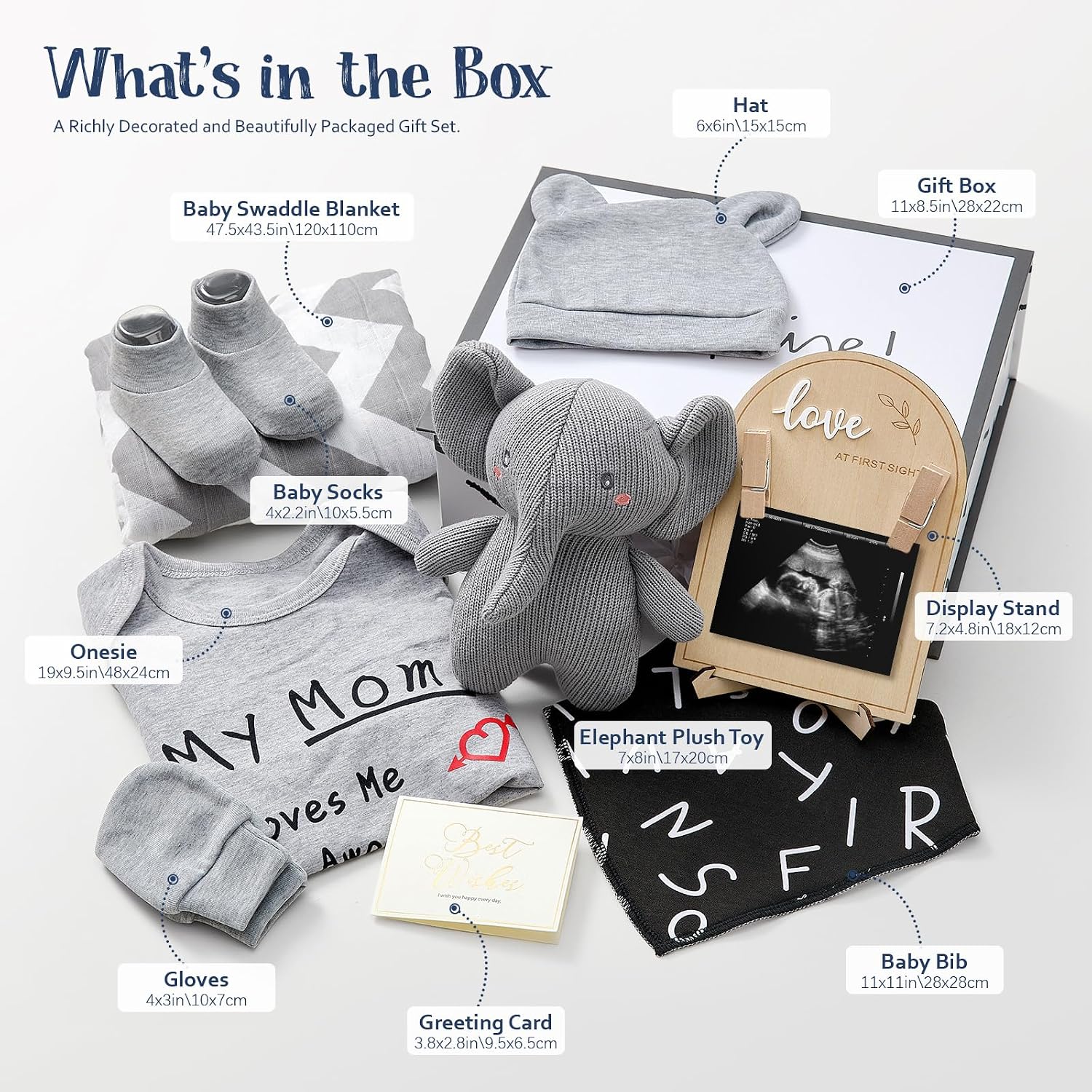 Golray Baby Shower Gifts for Boys Baby Boy Gifts Newborn Basket with Sonogram Picture Frame/Blanket/Onesie/Socks/Bib/Elephant Toy/Suitcase, Gender Neutral New Born Essential Stuff Unisex Baby Gift Set