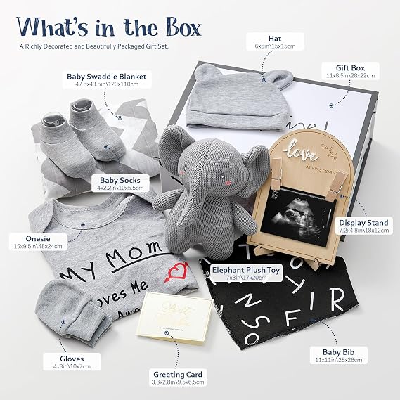 Golray Baby Shower Gifts for Boys Baby Boy Gifts Newborn Basket with Sonogram Picture Frame/Blanket/Onesie/Socks/Bib/Elephant Toy/Suitcase, Gender Neutral New Born Essential Stuff Unisex Baby Gift Set