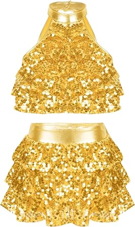 Kids Girls 2PCs Dance Outfits Sequins Halter Neck Crop Top with Layered Skirts Jazz Latin Performance Costumes