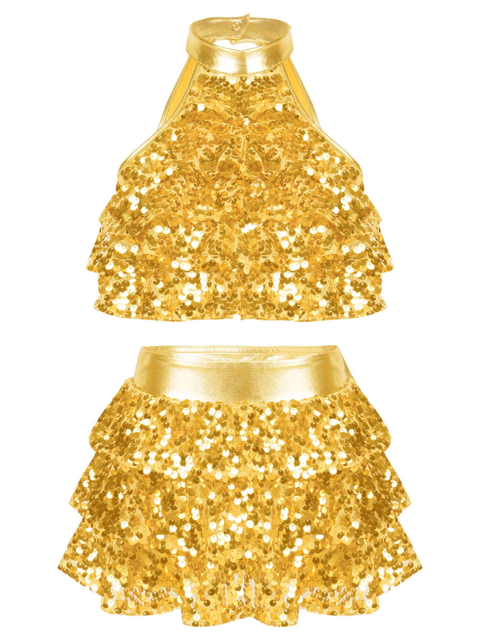 Kids Girls 2PCs Dance Outfits Sequins Halter Neck Crop Top with Layered Skirts Jazz Latin Performance Costumes 9-10 Years Gold