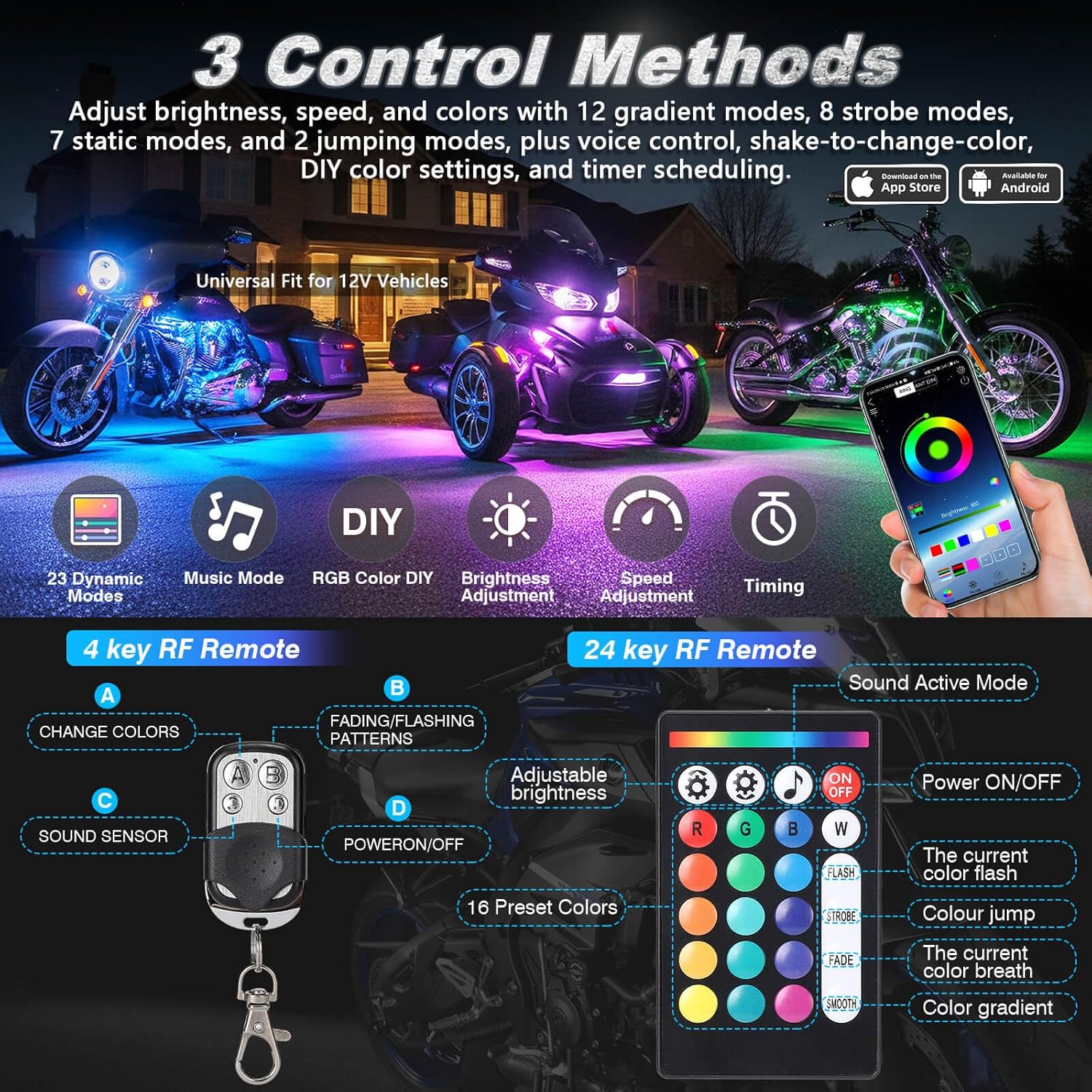 20PCS Motorcycle RGB LED Light Kit with Brake Turn Signal Dual Zone, Underglow Lights with APP/RF Remote, Neon Accent Waterproof 12V for Touring, Large Cruiser & Custom Show Motorcycle