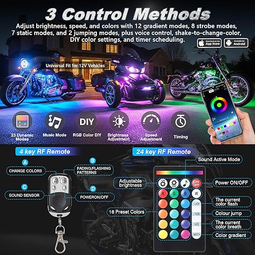 Vista 2 de Juego de 16 luces LED RGB brillantes para motocicleta con señal de giro y freno, luces subterráneas con control remoto APP/RF de doble zona, tiras