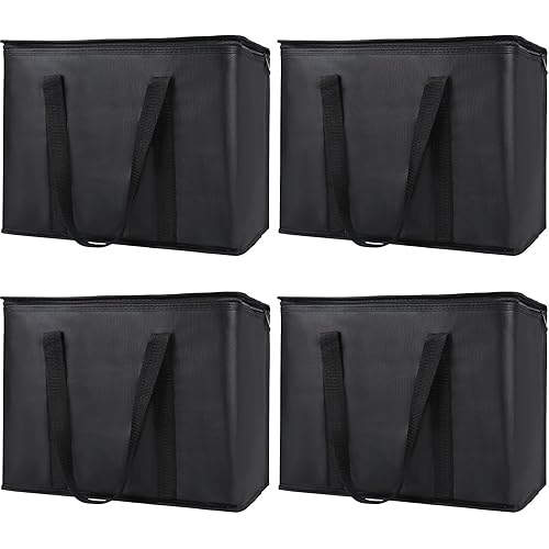 Bolsa térmica, suave y aislada, bolsa de alimentos plegable para entrega de alimentos, portátil, color negro, paquete de 4, tamaño L