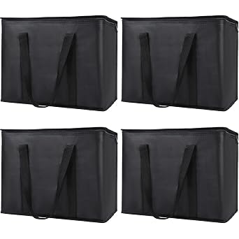 4-Pack Insulated Reusable Shopping Grocery Bags, X-Large Soft Cooler Bag Insulated, Boadon Collapsible Grocery Shopping Tote Bags for Food Delivery, Portable Softside, Black | Soft Cooler Bag Insulated, Collapsible Grocery Shopping Tote Bags, For Food Delivery/Rideshare/Picnic, Portable, Food Warmer