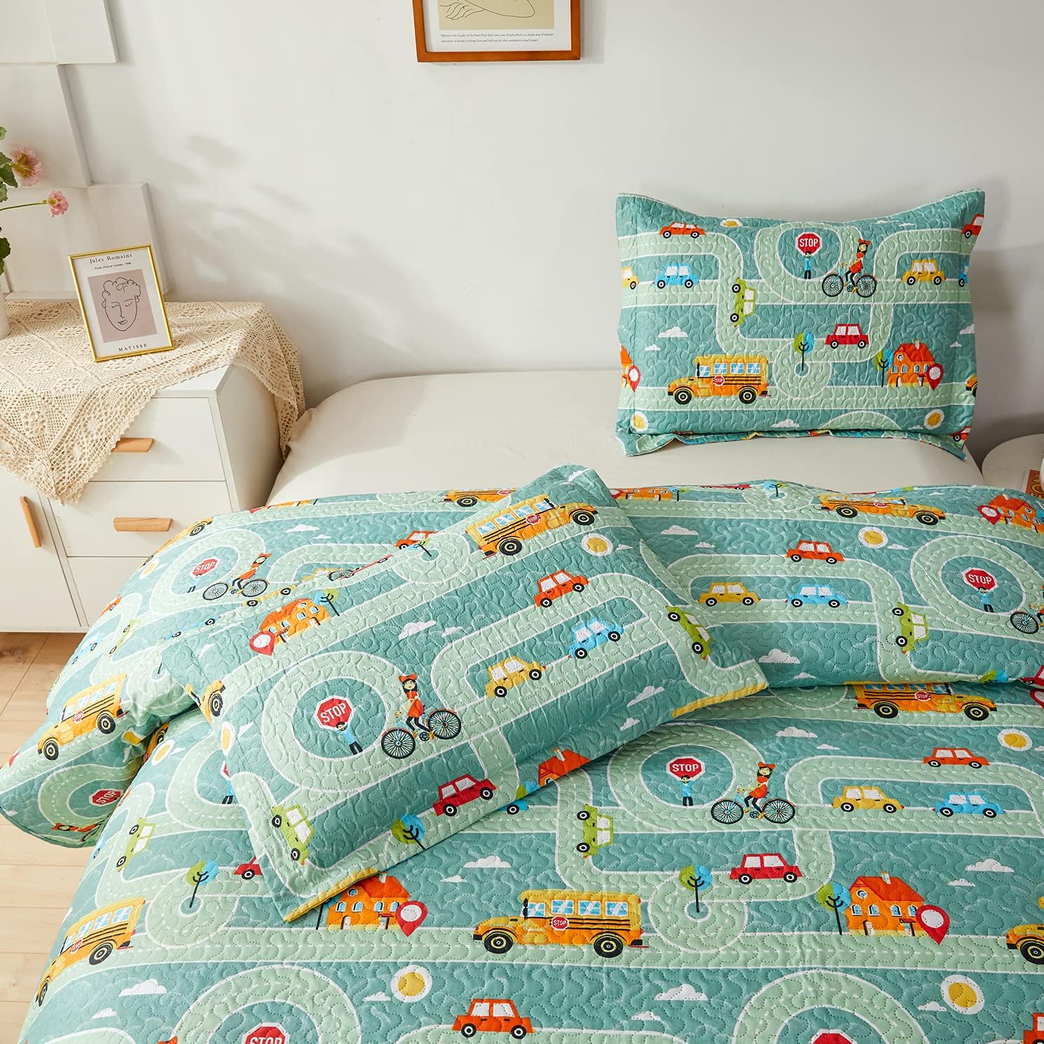 Junsey Kids Quilts Set Full/Queen Size Boys Bedding,3Pcs Kids Lightweight Bedspreads Car Taxi Bus Train Bicycle Printed Cartoon Bedding Holiday Coverlet Sets