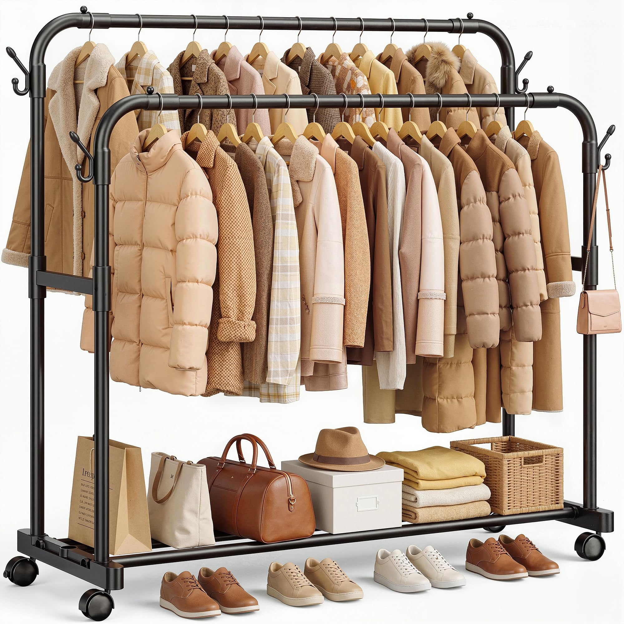 Portant Vetement Solide à Roulettes avec 4 Crochets & Anti-dérapant, Portant à Vêtements Double Tringle, Porte-vêtements Penderie Vetement Dressing pour Pulls, Manteaux, Chemises, Charge 75 kg