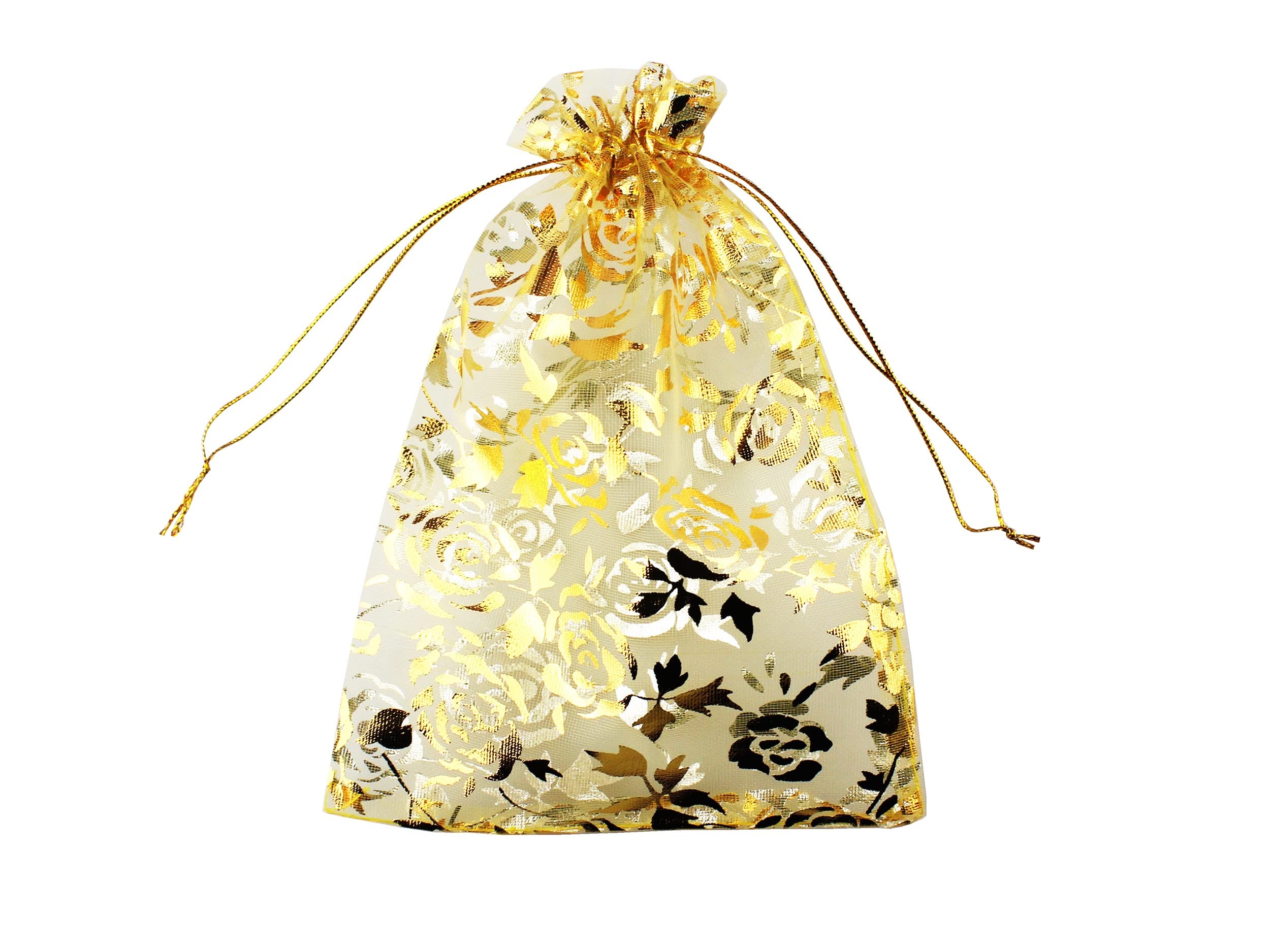 QIANHAILIZZ 5 x 7 Inch 100 pcs Heart Flower Organza Jewelry Gift Pouch Candy Pouch Drawstring Wedding Favor Bags P835 (gold flower)