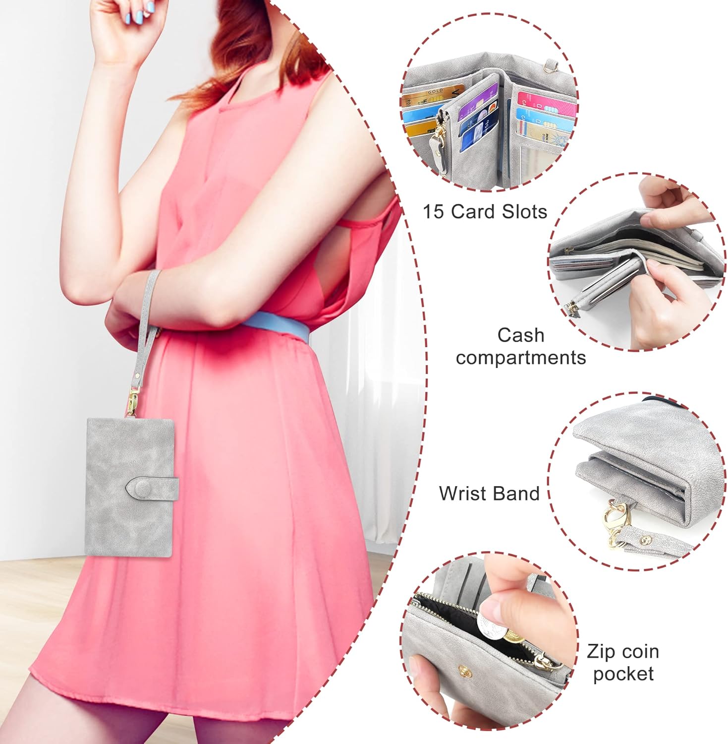 RFID Wallets for Women, Large Capacity Faux Suede Leather Small Womens Wallet with Wristlet (Grey) - Image 2