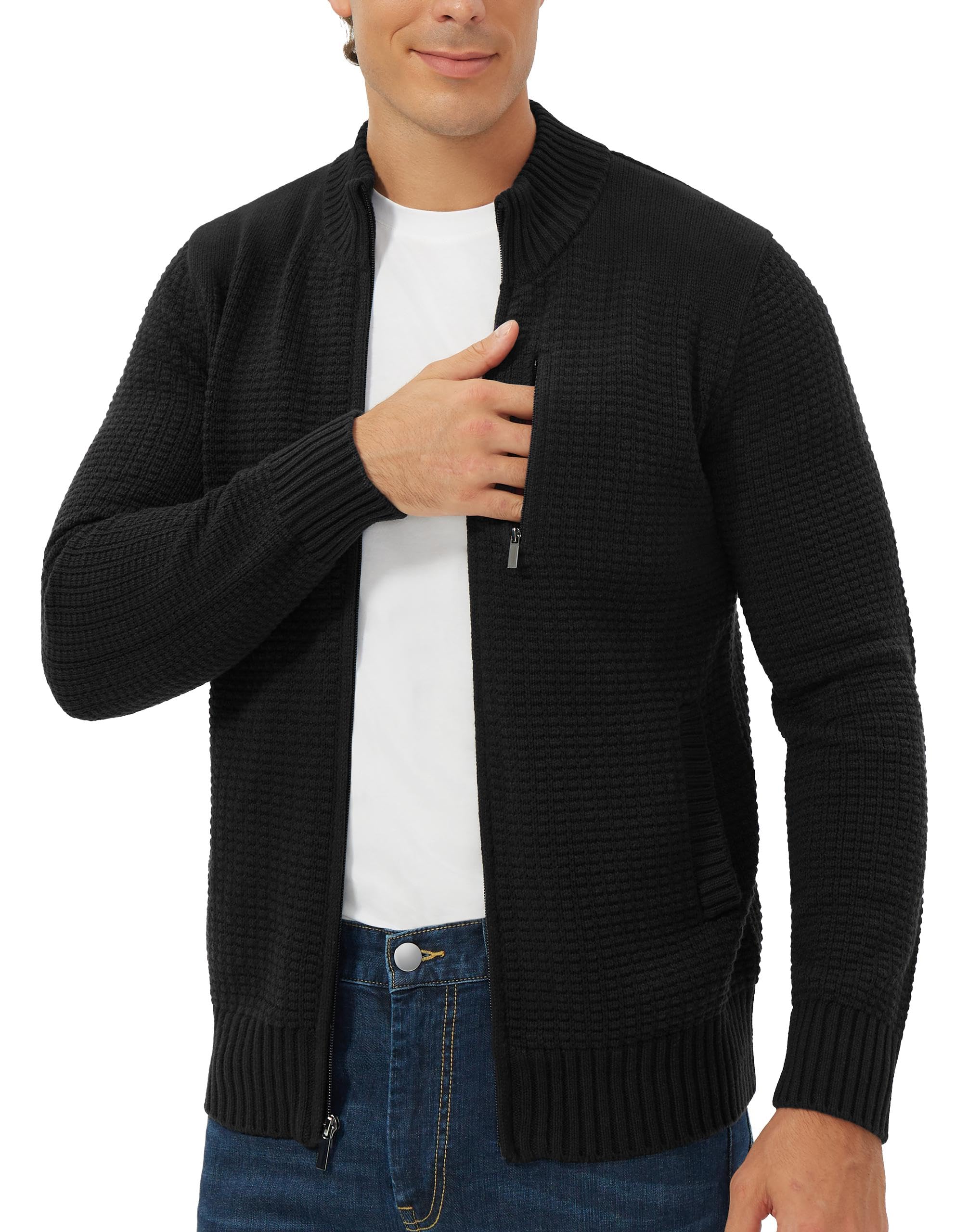 Pioneer Camp Mens Full Zip Up Cardigan Sweater Stand Collar Regular Fit Chest Pocket Knit Sweaters Casual 3