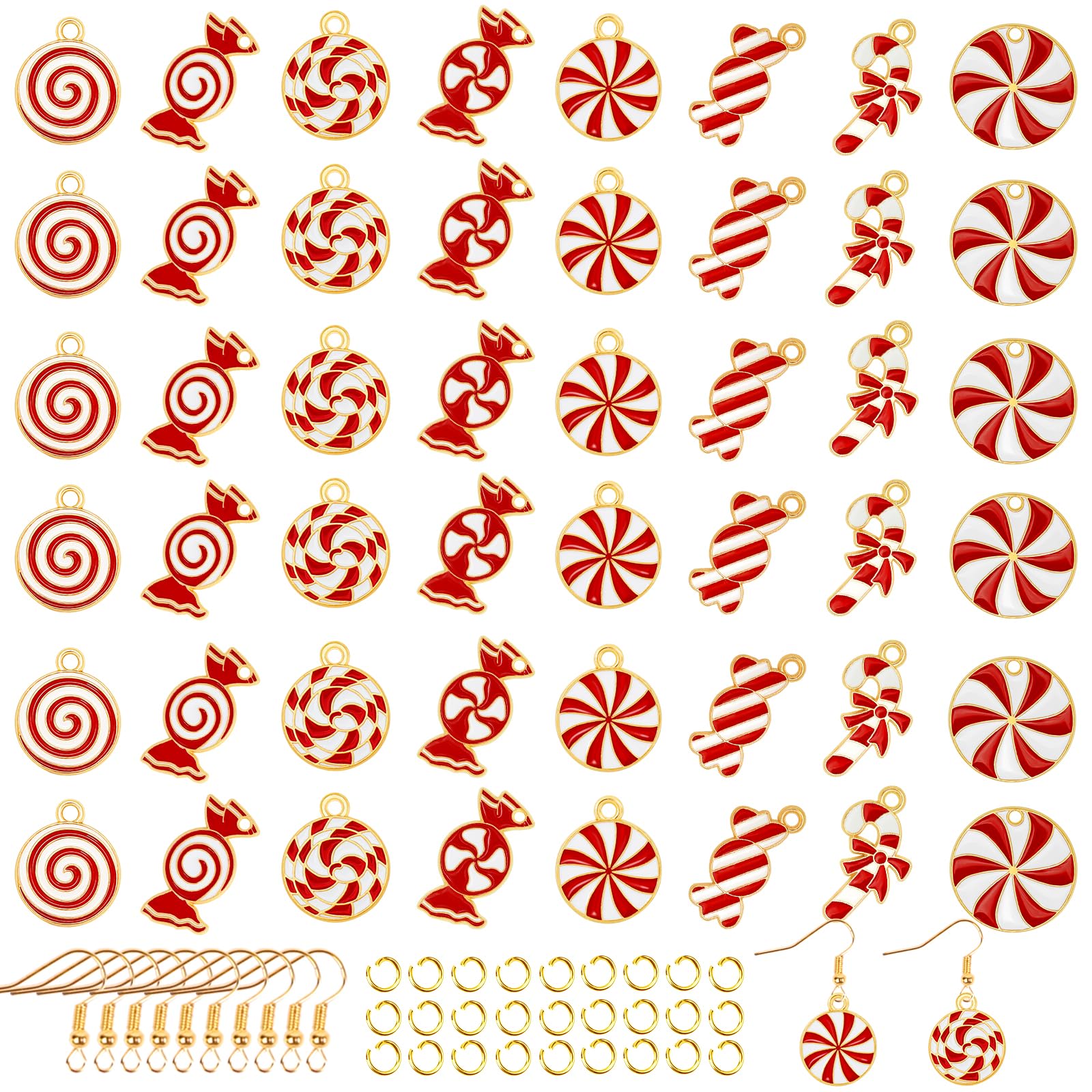 JOISHOP 108pcs Christmas Charms, Christmas Candy Charms Christmas Gold Enamel Charms with Earring Hooks and Jump Rings for Christmas Earrings Bracelet Necklace Jewelry Making