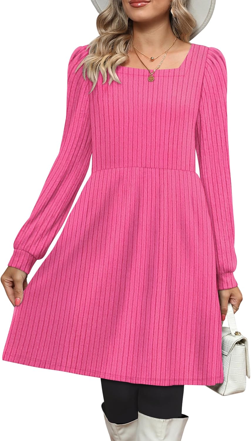 OFEEFAN Casual Babydoll Knit Sweater Dress for Women Pink Dress with Pockets M - Image 2