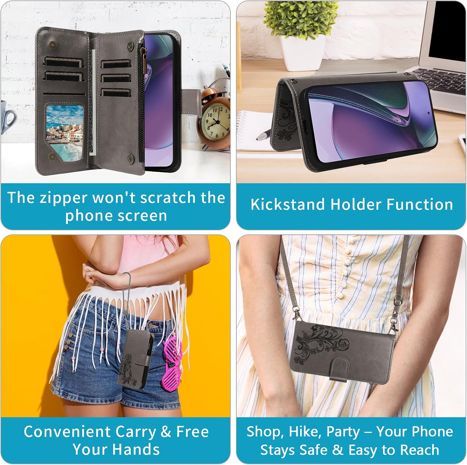 Asuwish Phone Case for Motorola Moto G Stylus 5G 2023 Zipper Wallet Magnetic Detachable Cell Cover with Tempered Glass Screen Protector Strap Flower Card Holder GStylus G5 XT2317DL XT2315-5 Women Gray