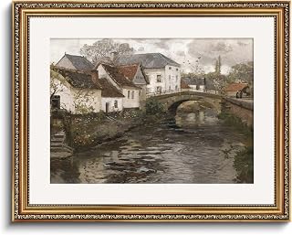 InSimSea Retro Gold Framed Wall Art, Home Room Riverside Small Town Vintage Wall Decor, Canvas Print Artwork, Farmhouse Country Decor, Antique Picture Frame Landscape Paintings, 16x20 Inch