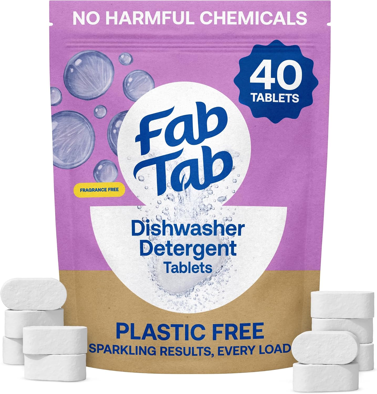 Fab Tab 100% Plastic-Free Dishwasher Detergent Tablets, 40ct, Free & Clear