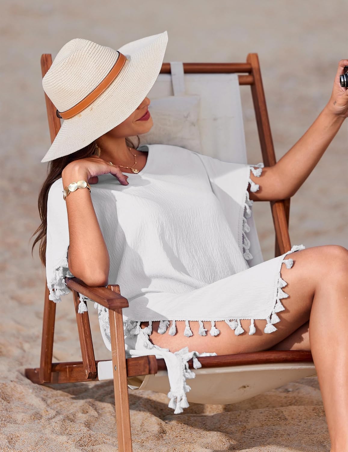 AI'MAGE Women Bathing Suit Cover Up Tassel Swimsuit Coverup Short Sleeve Beach Cover Ups Dress V Neck Beach Wear S-3XL - Image 5